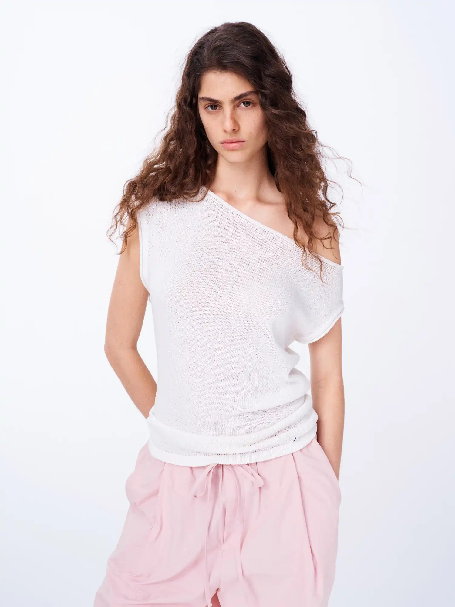 Linen Tencel Knit Asymmetric Off Shoulder Top - Image 4