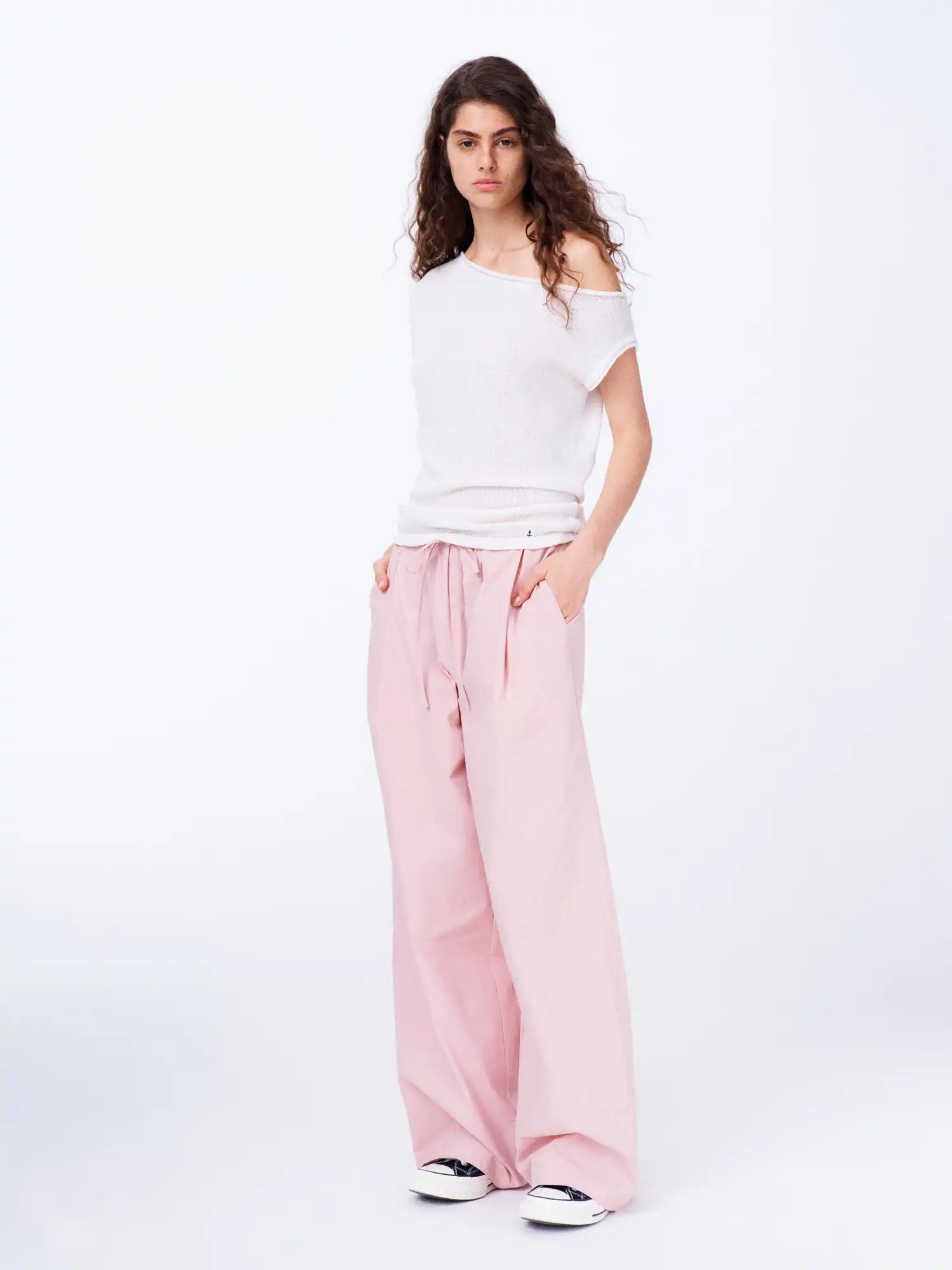 Linen Tencel Knit Asymmetric Off Shoulder Top - Image 5
