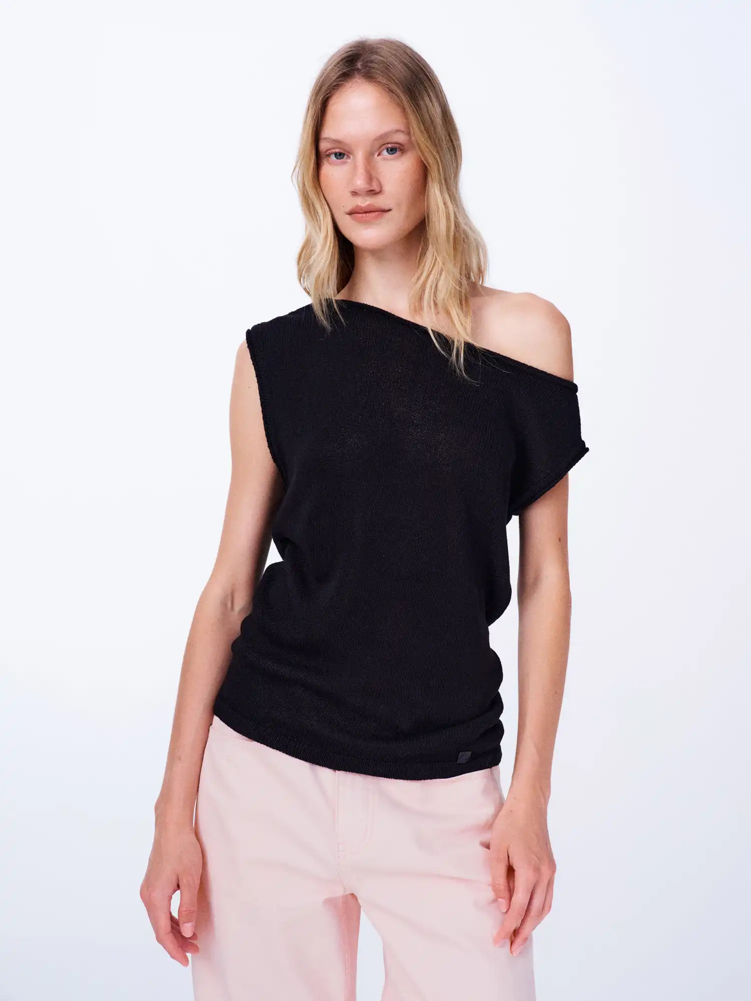 Linen Tencel Knit Asymmetric Off Shoulder Top - Image 8