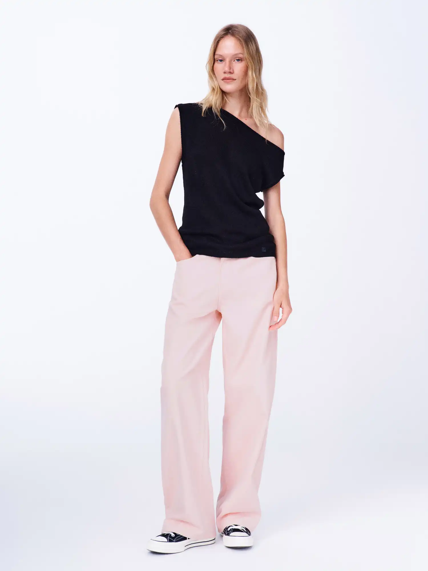 Linen Tencel Knit Asymmetric Off Shoulder Top - Image 9
