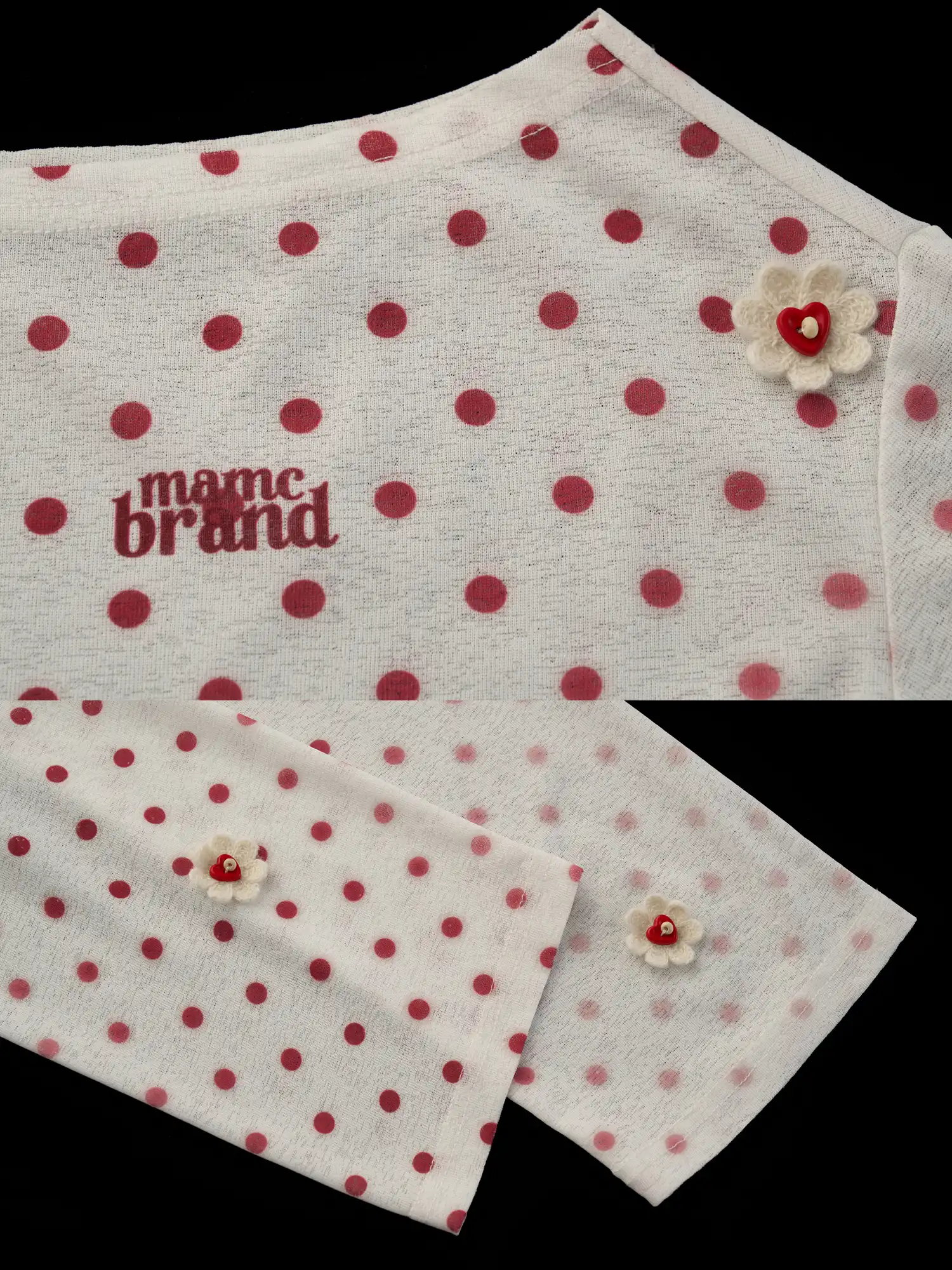 Long Sleeve Flower Button Polka Dot Sheer Top - Image 9