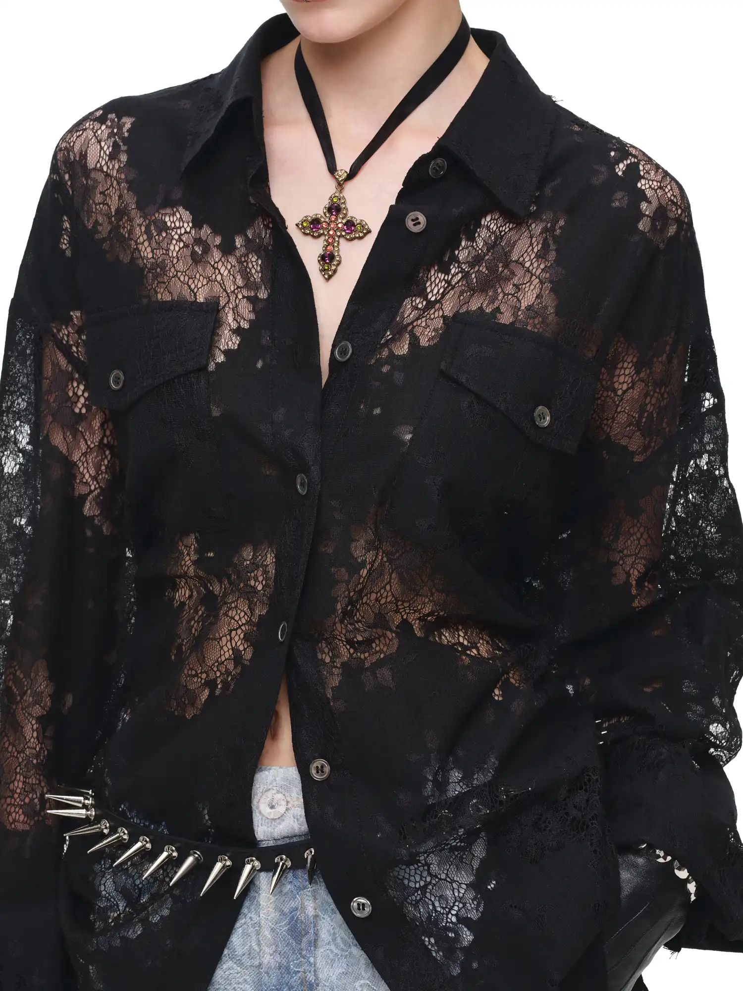 Long Sleeve Sheer Floral Lace Shirt - Image 10