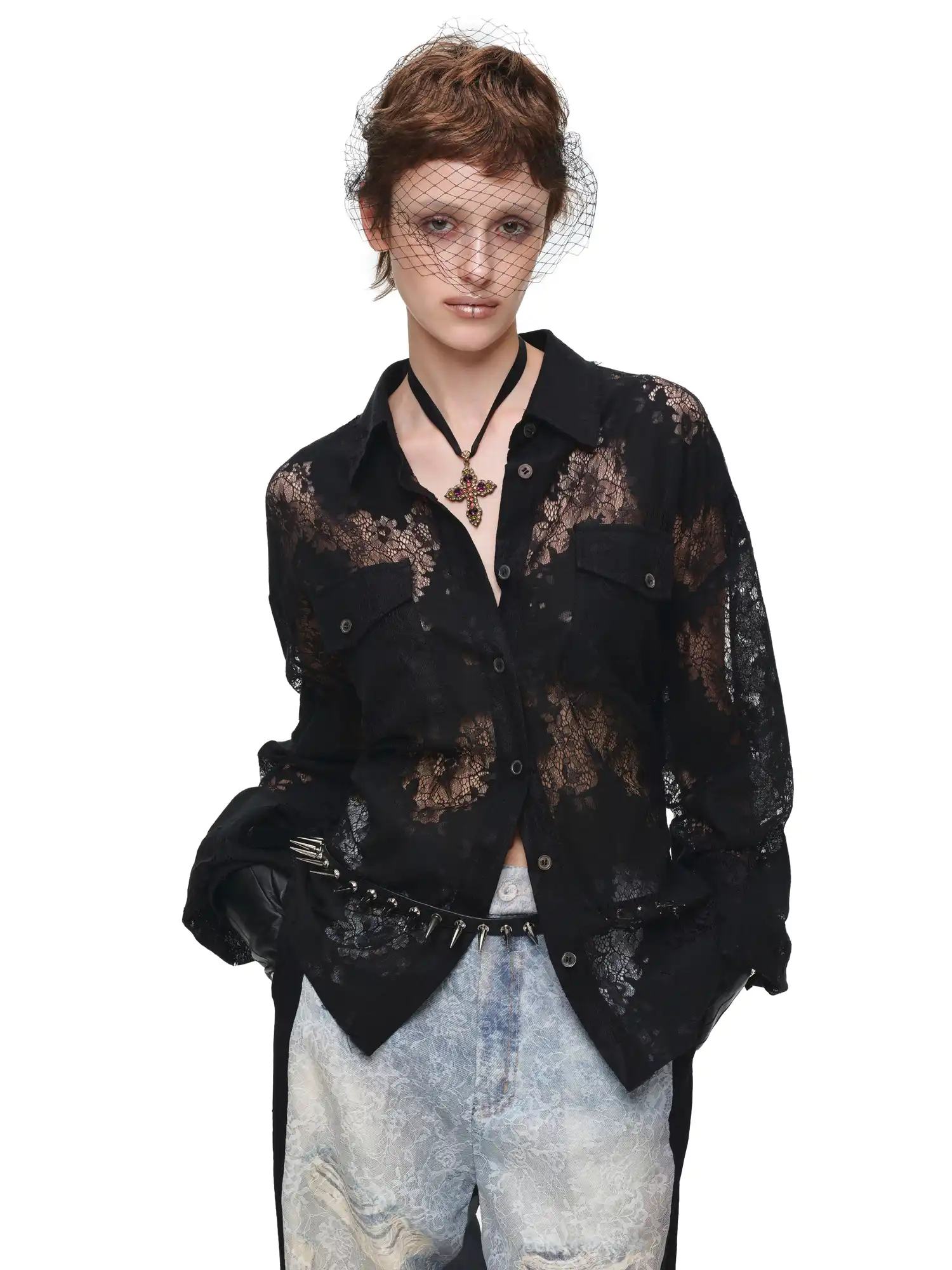 Long Sleeve Sheer Floral Lace Shirt - Image 12