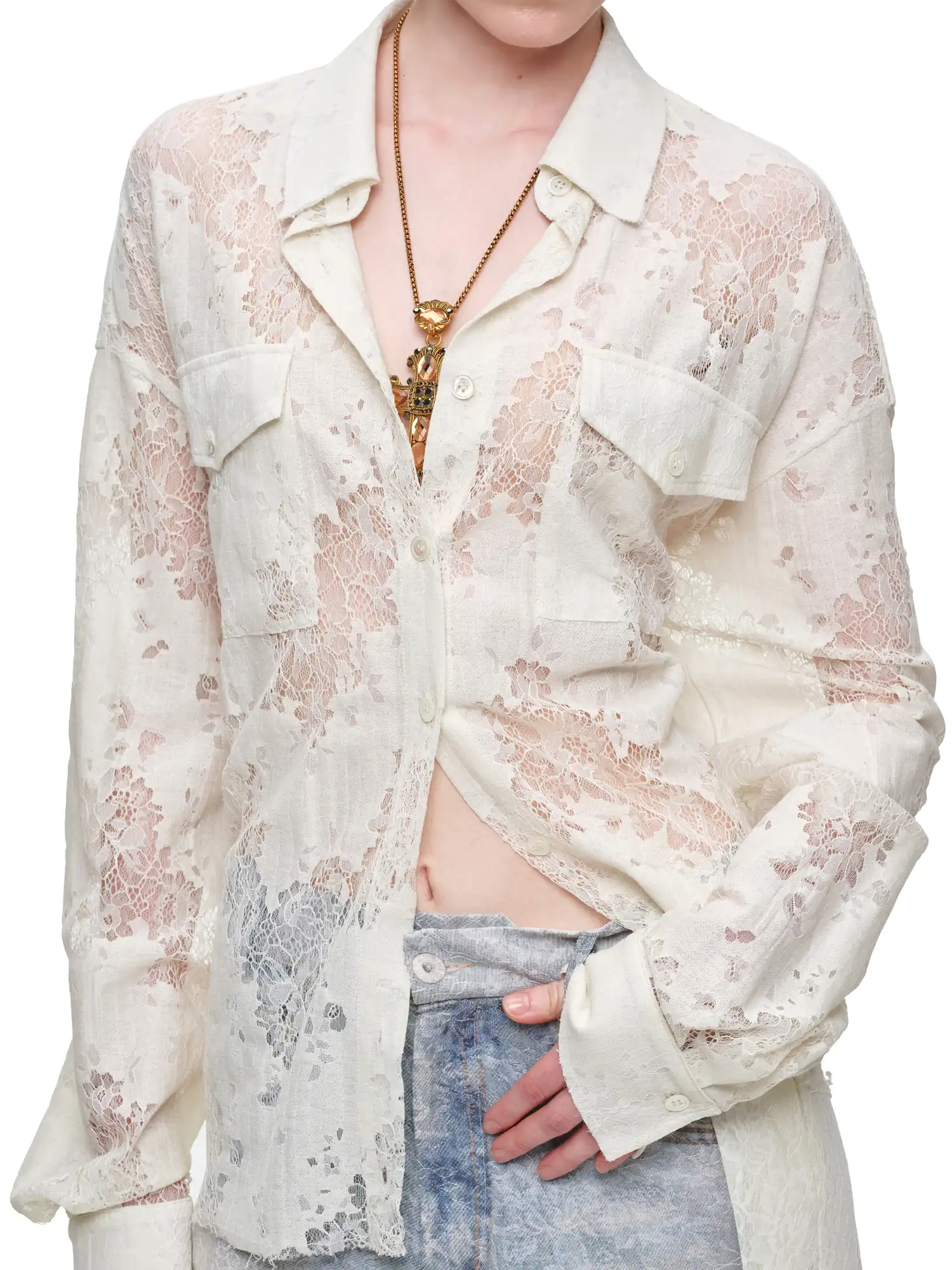 Long Sleeve Sheer Floral Lace Shirt - Image 3