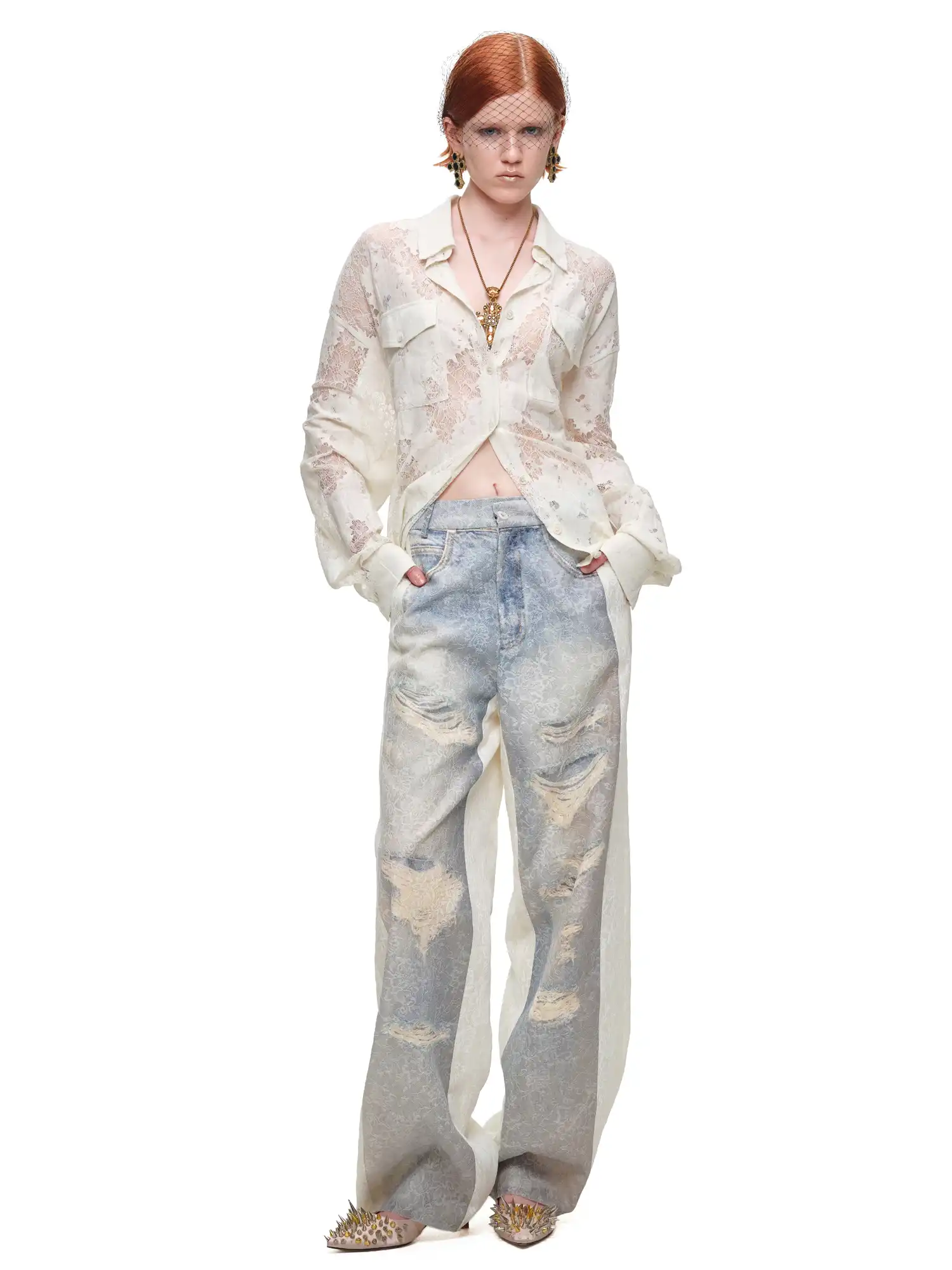 Long Sleeve Sheer Floral Lace Shirt - Image 6