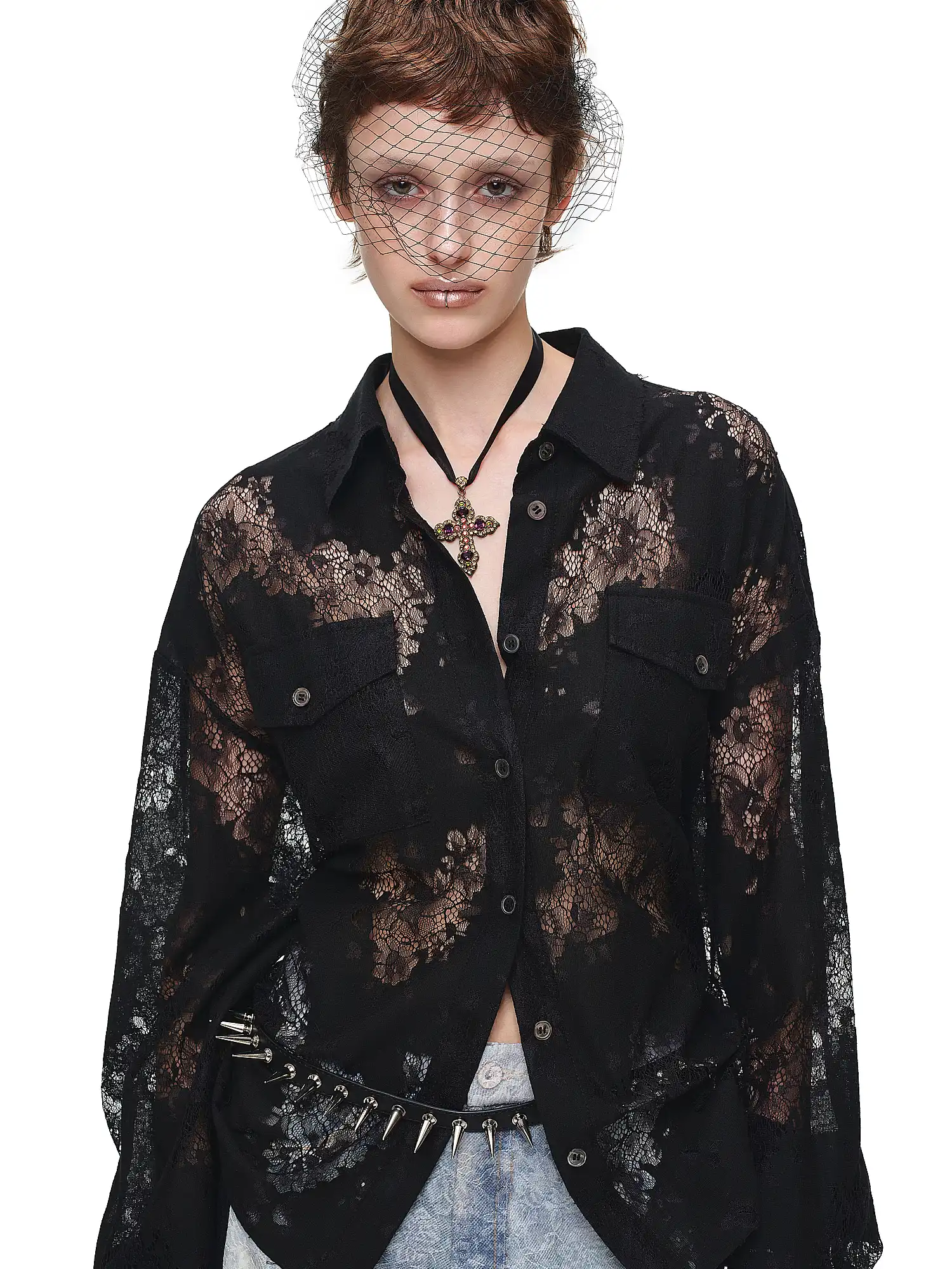 Long Sleeve Sheer Floral Lace Shirt - Image 8