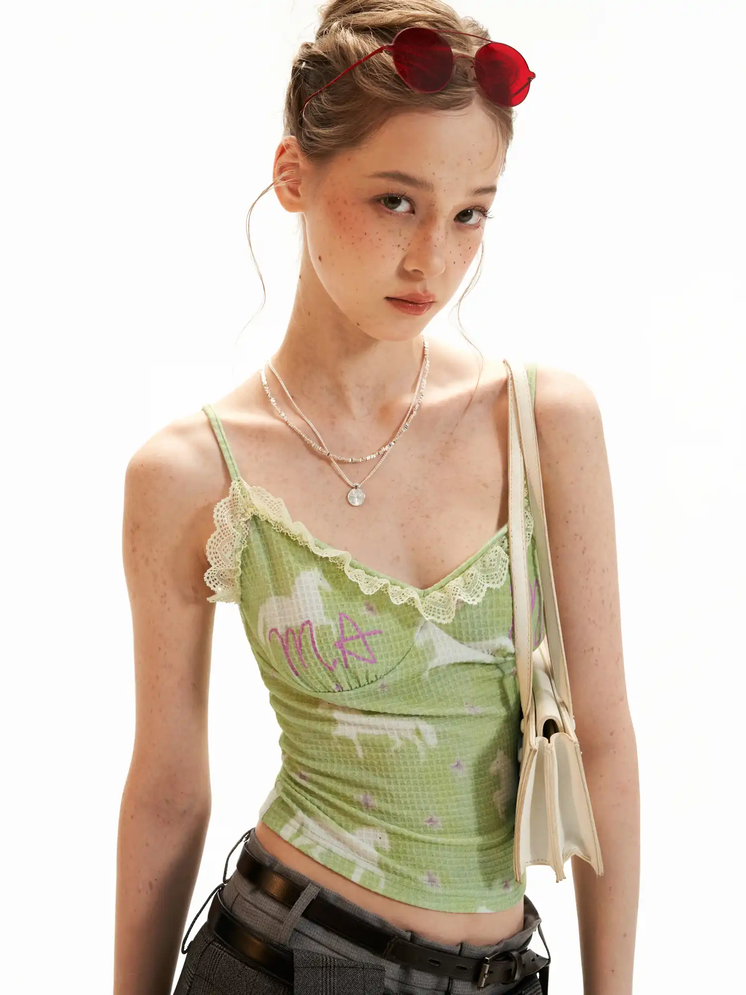 Macaron Green Lace Trim Tank Top