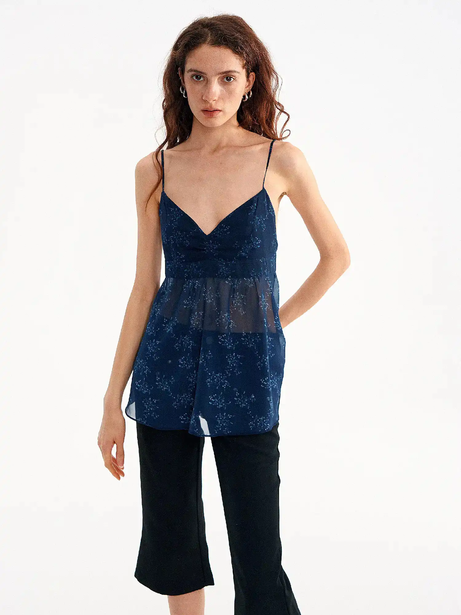 Midnight Navy Ditsy Floral Sheer Babydoll Top - Image 4