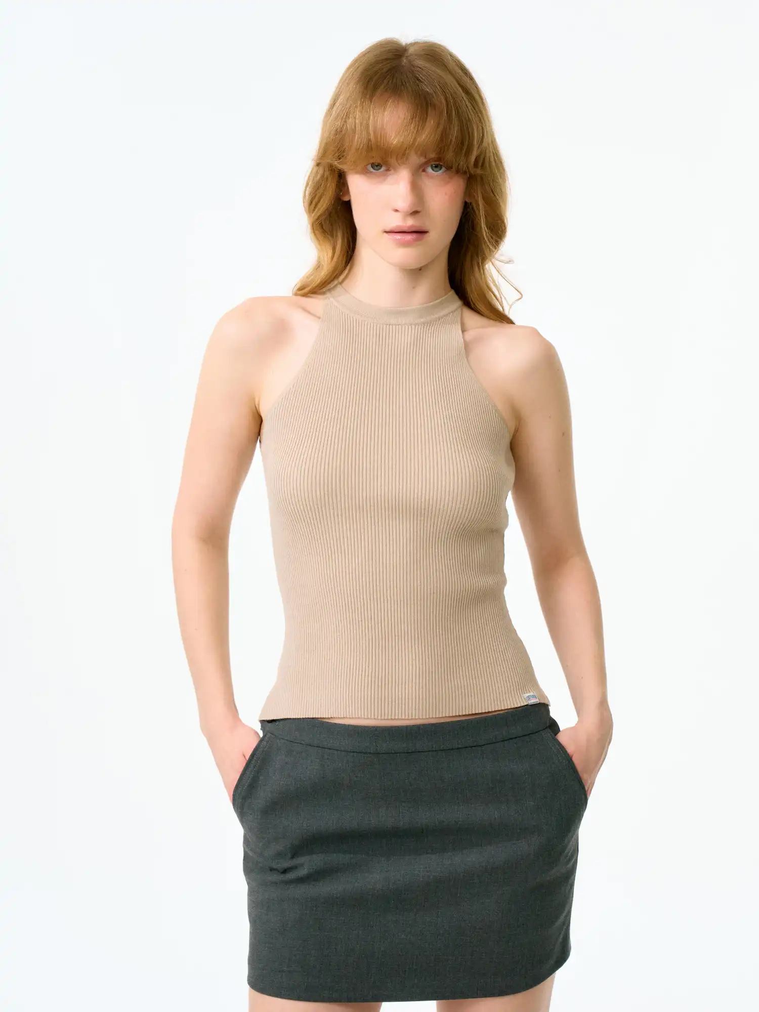 Mock Neck Tencel Ribbed Sleeveless Tank Top
