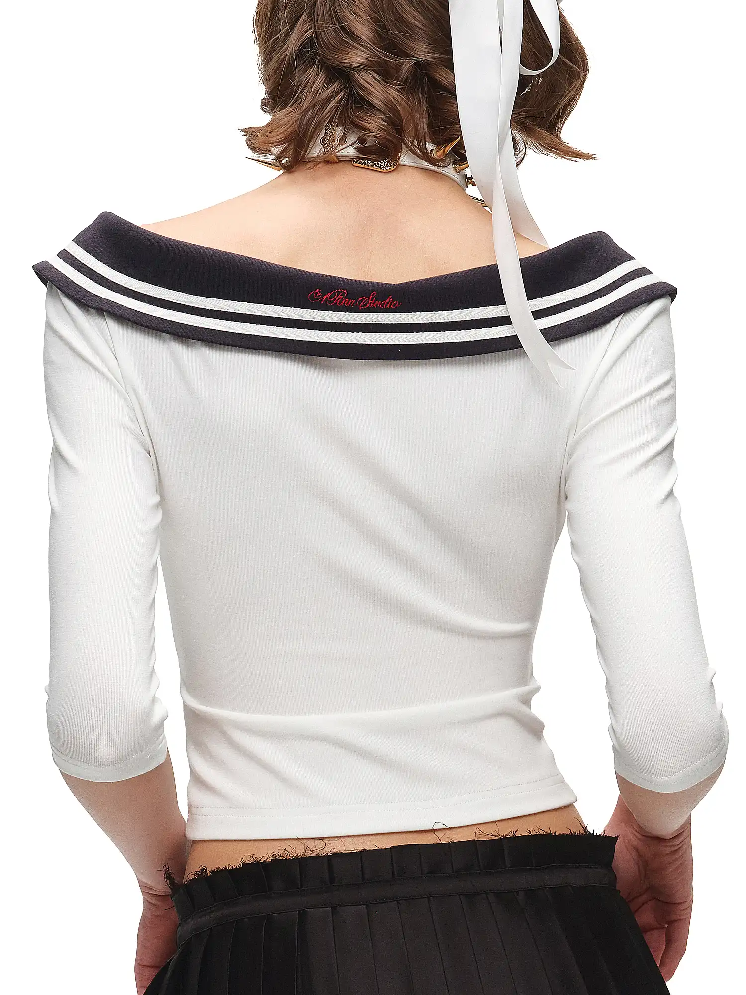 Nautical Sailor Collar Knit Crop Top - Image 3