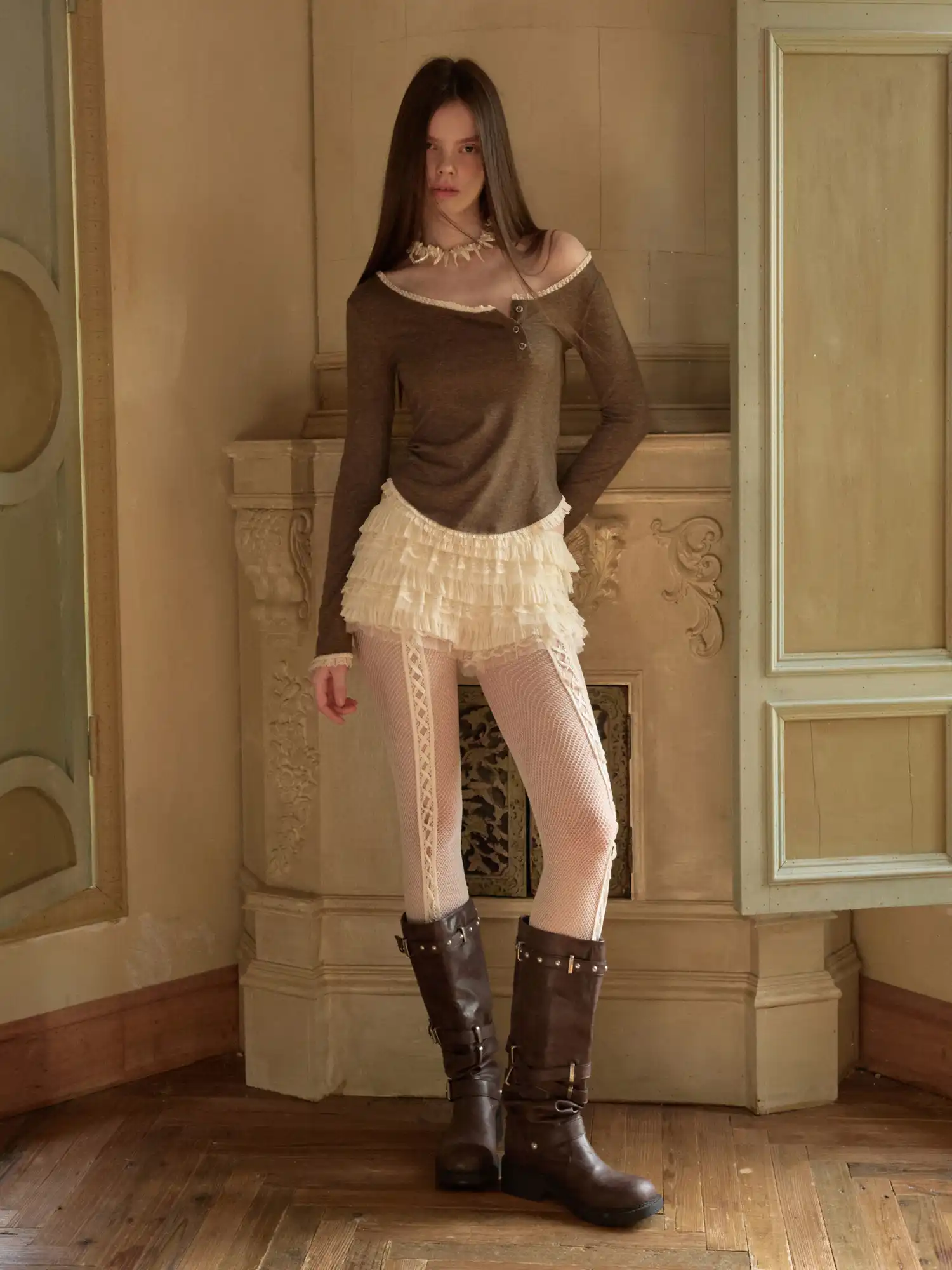 Off Shoulder Lace Henley Top - Image 3