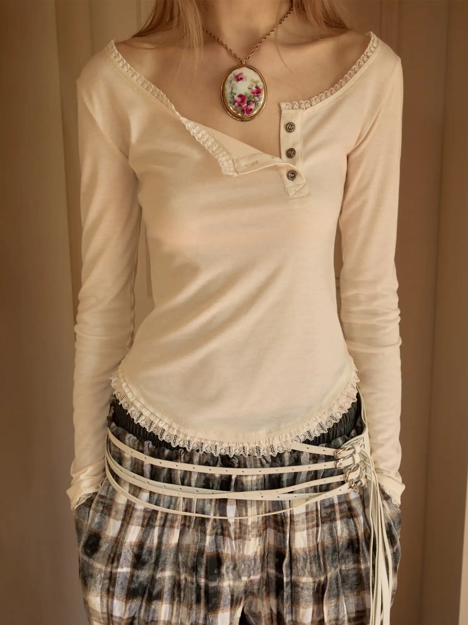 Off Shoulder Lace Henley Top - Image 5