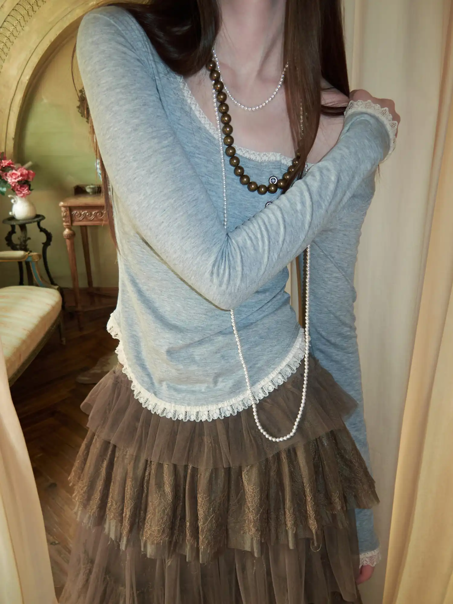 Off Shoulder Lace Henley Top - Image 9