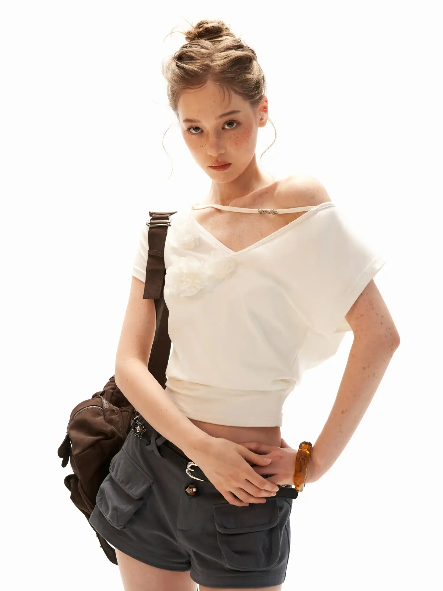 Off-Shoulder Ruched Asymmetric Blossom Tee