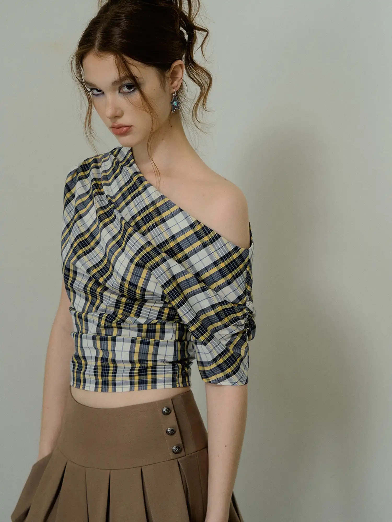 Off Shoulder Ruched Gingham Crop Top