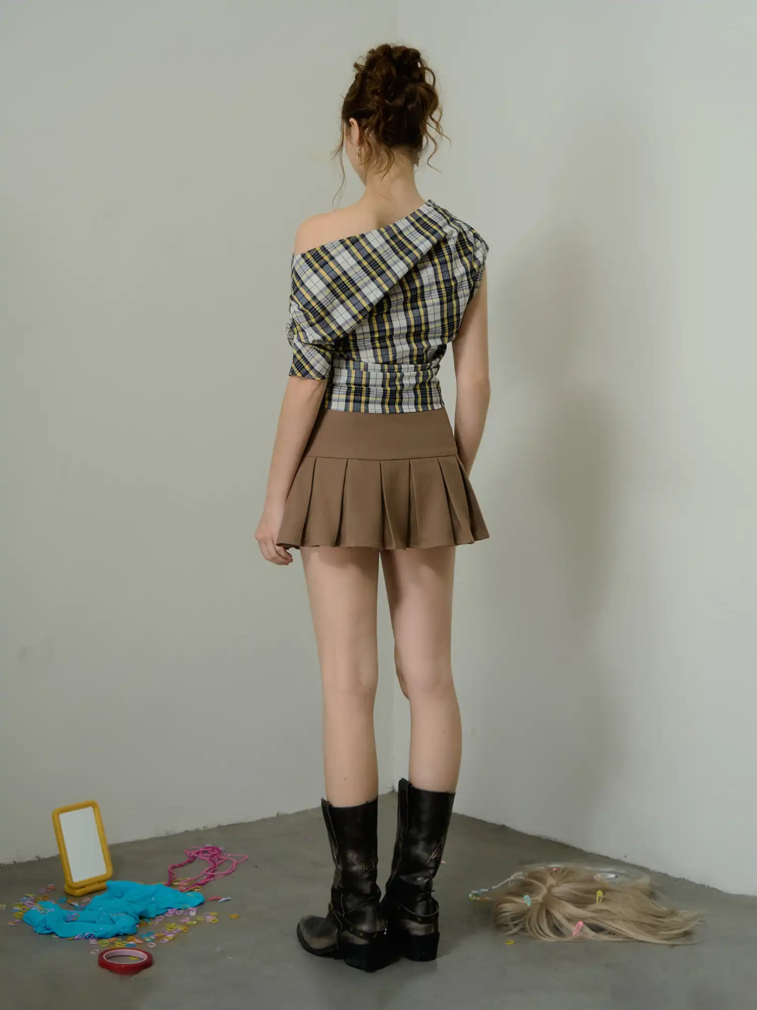 Off Shoulder Ruched Gingham Crop Top - Image 8
