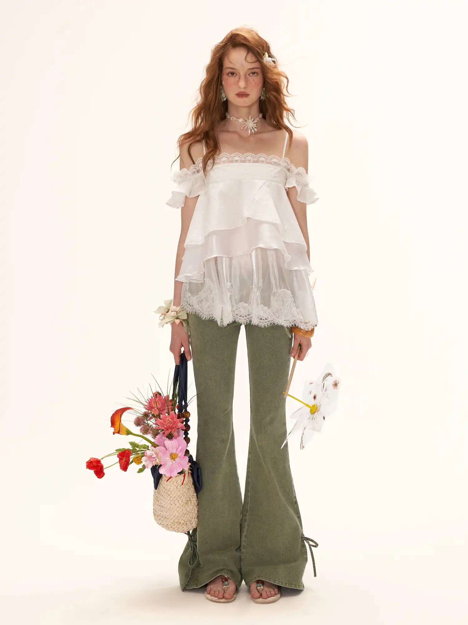 Off Shoulder Ruffle Hem White Mesh Top - Image 4