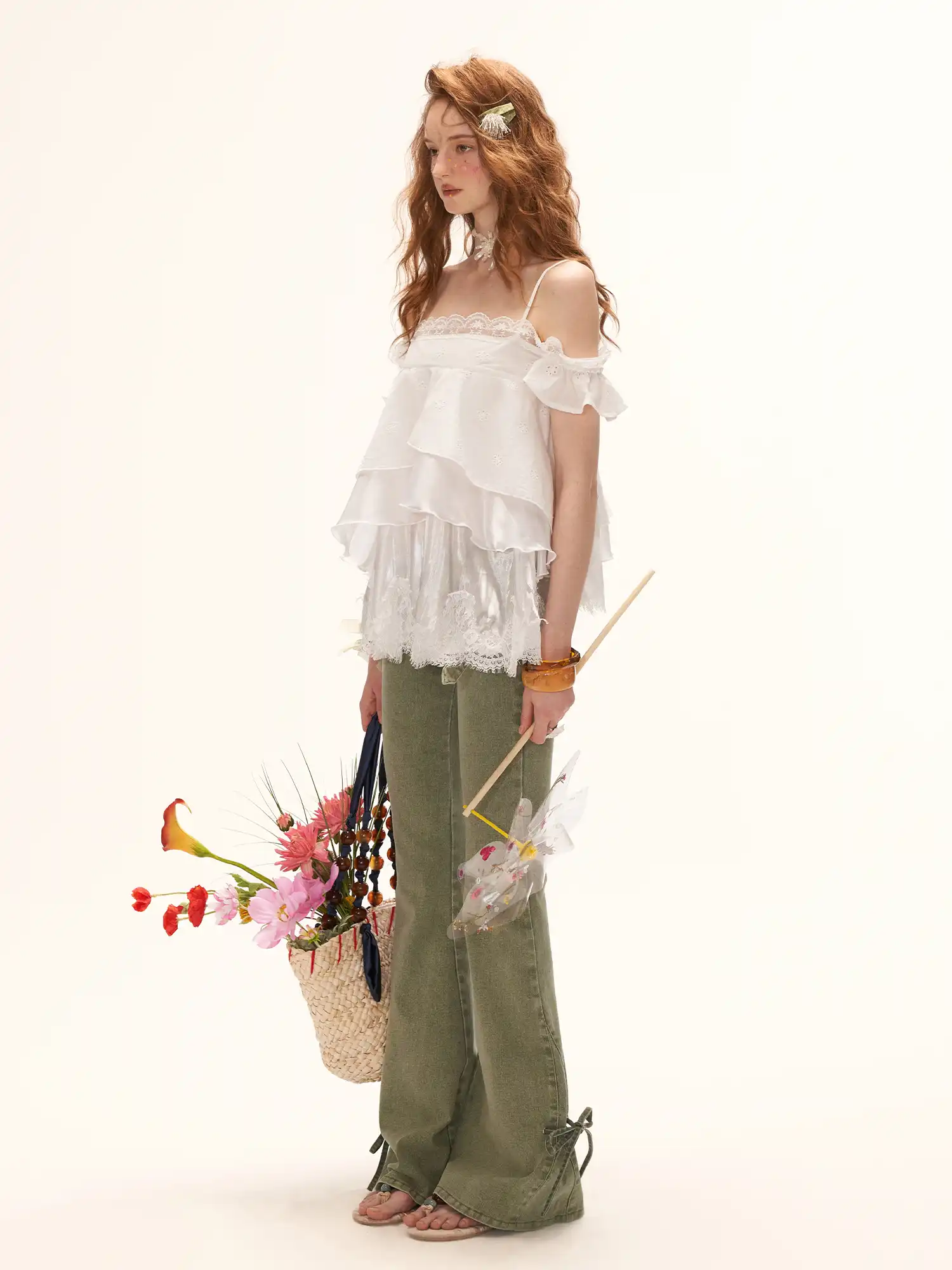 Off Shoulder Ruffle Hem White Mesh Top - Image 5