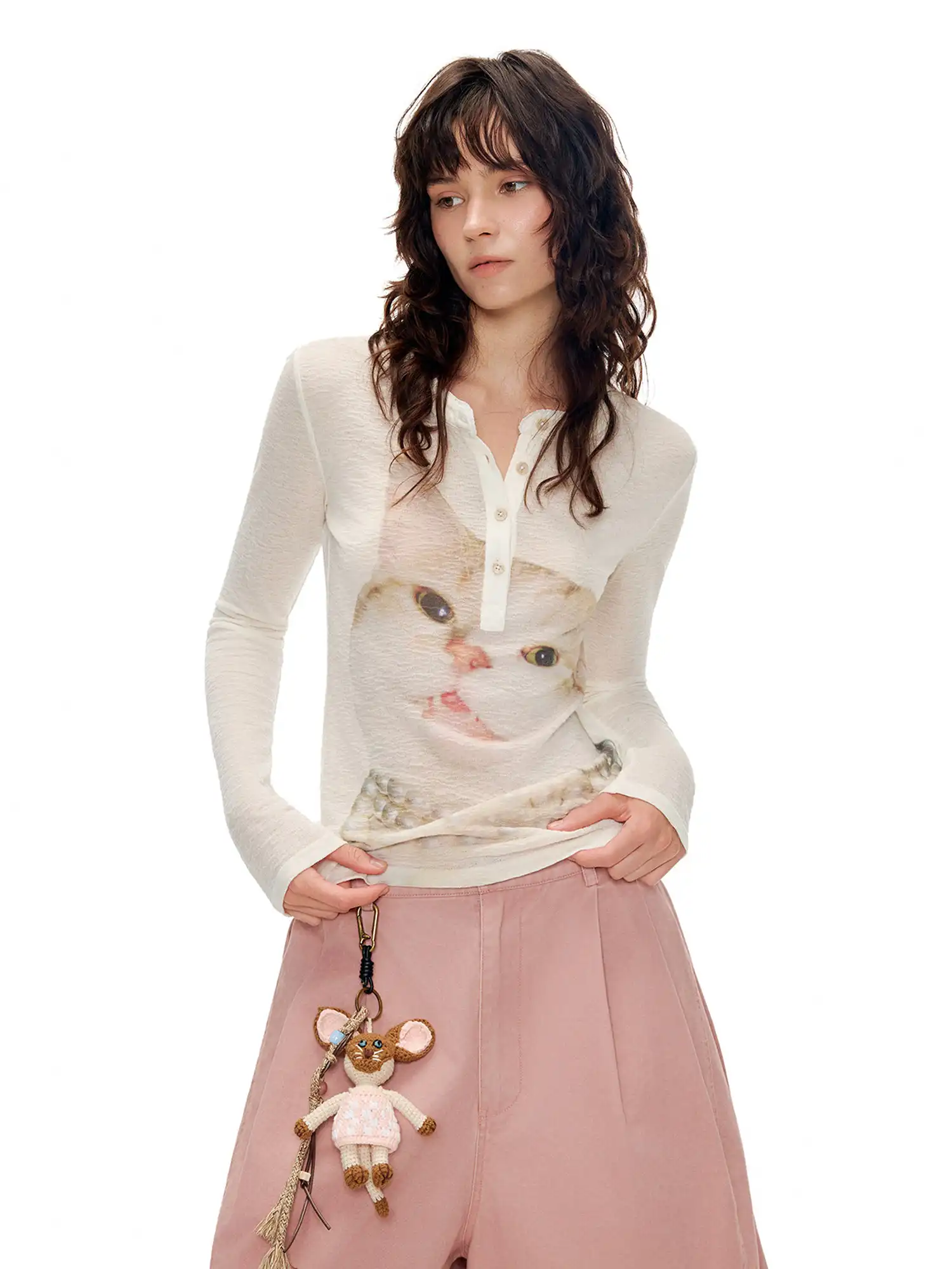 Pearl Cat Henley Long Sleeve Knit Top - Image 2