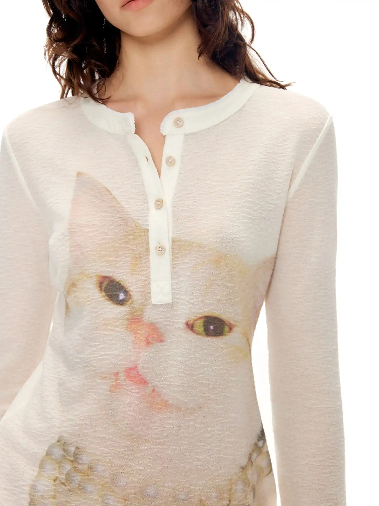 Pearl Cat Henley Long Sleeve Knit Top - Image 3