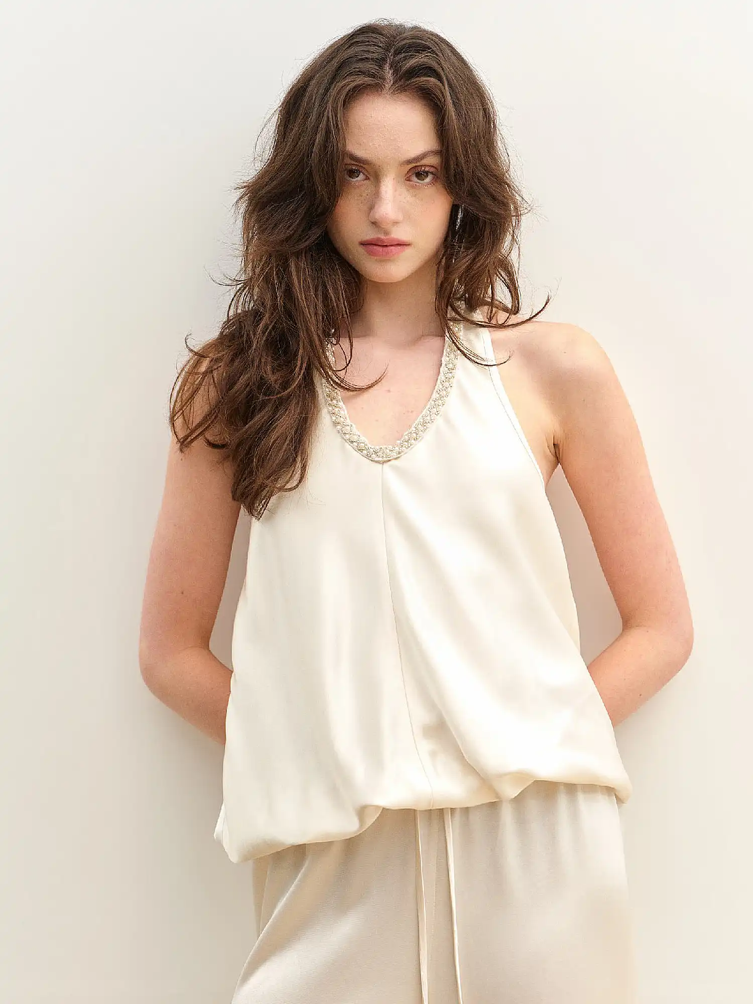 Pearl Trimmed Satin Bubble Halter Top