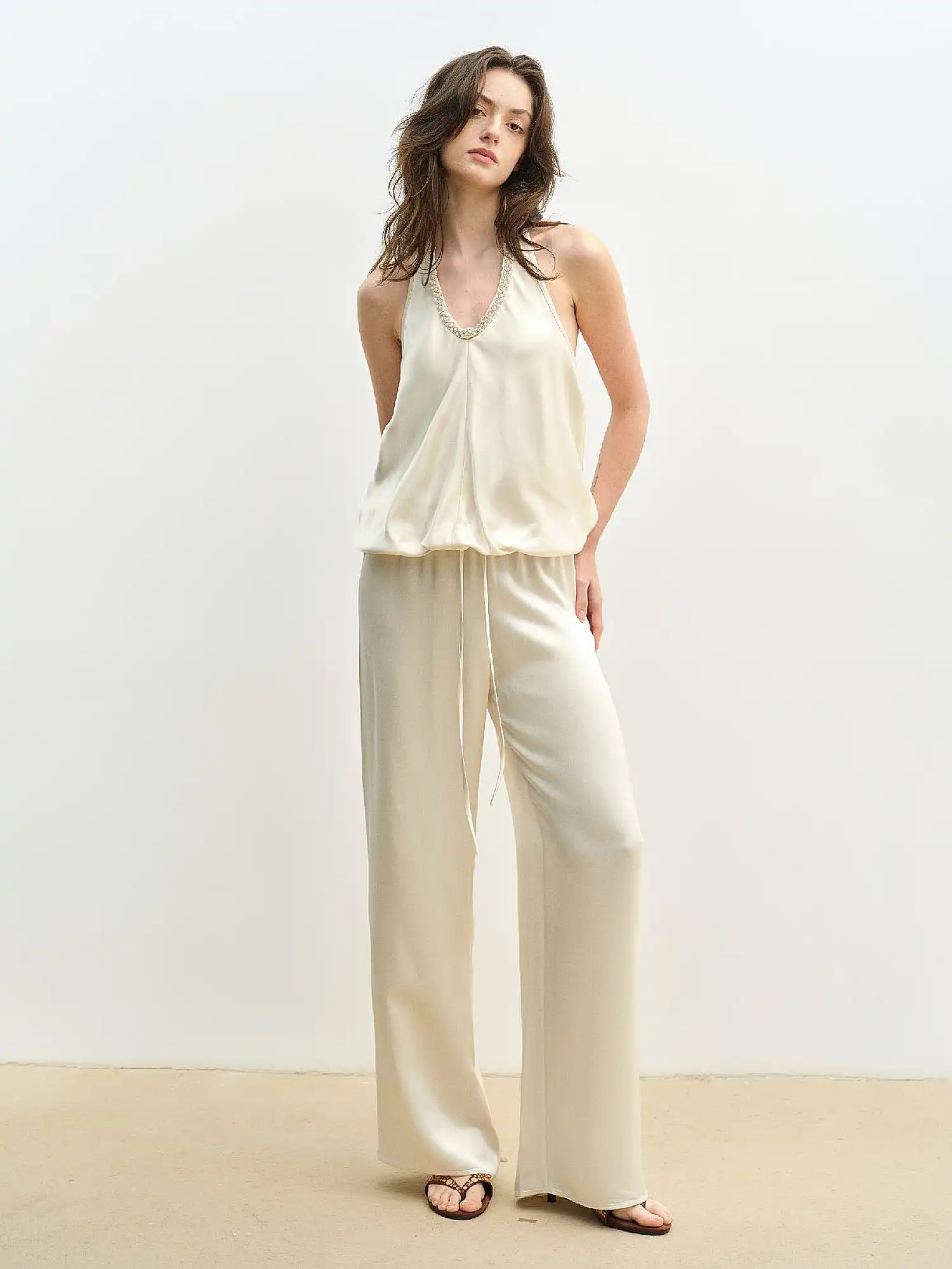 Pearl Trimmed Satin Bubble Halter Top - Image 4