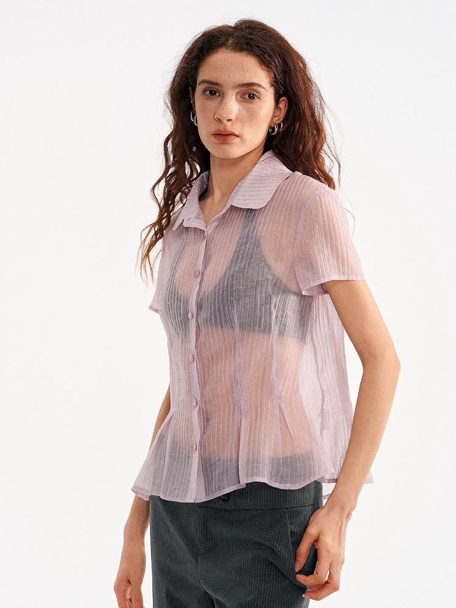 Peter Pan Collar Sheer Peplum Shirt Top - Image 2