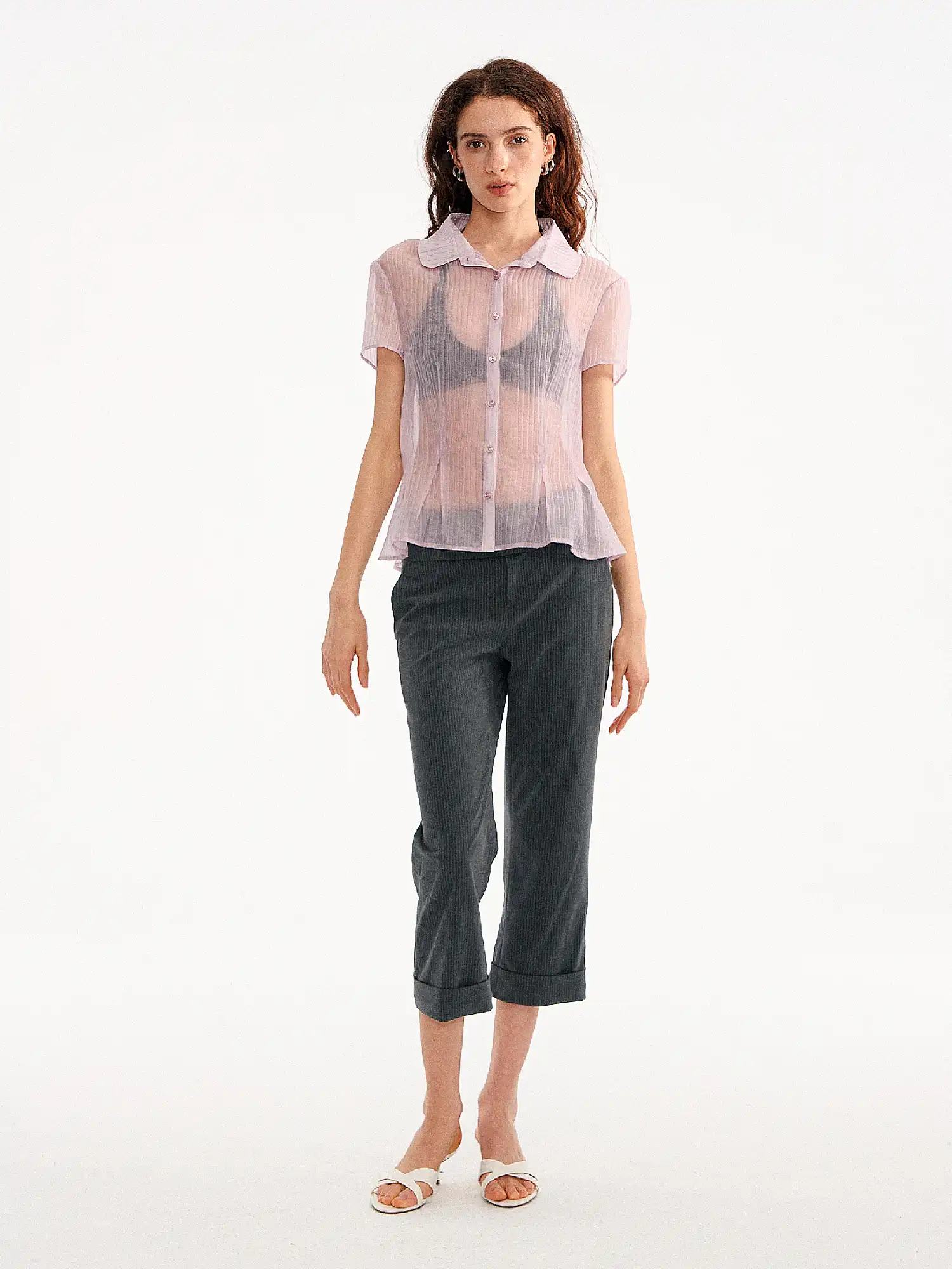 Peter Pan Collar Sheer Peplum Shirt Top - Image 5