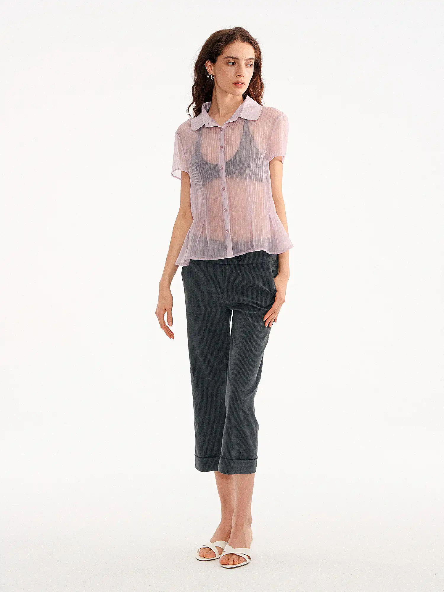 Peter Pan Collar Sheer Peplum Shirt Top - Image 6
