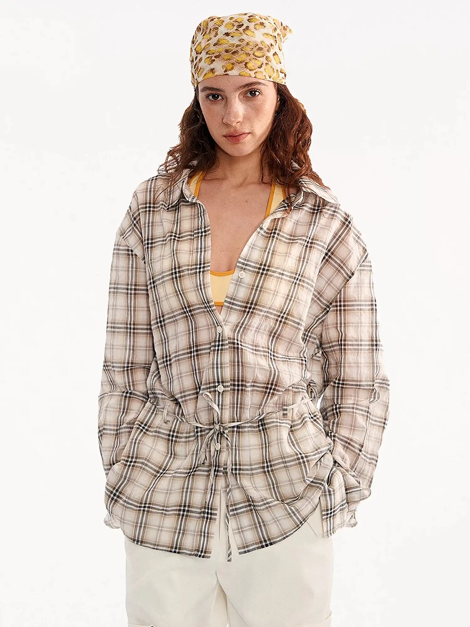 Plaid Tie Waist Long sleeves Shirt