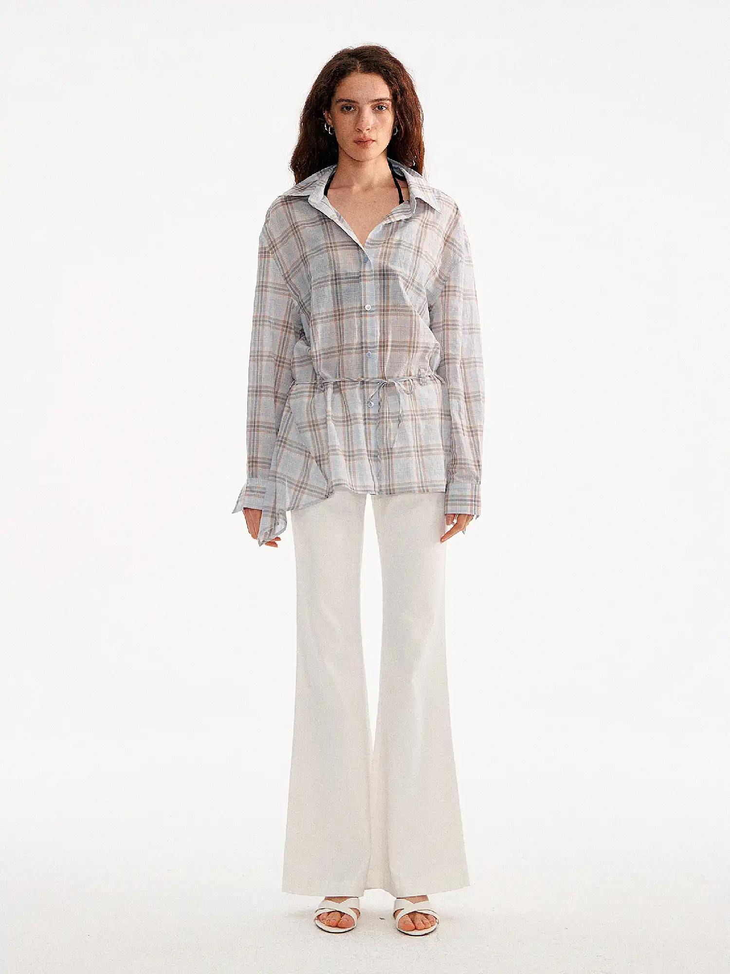 Plaid Tie Waist Long sleeves Shirt - Image 10