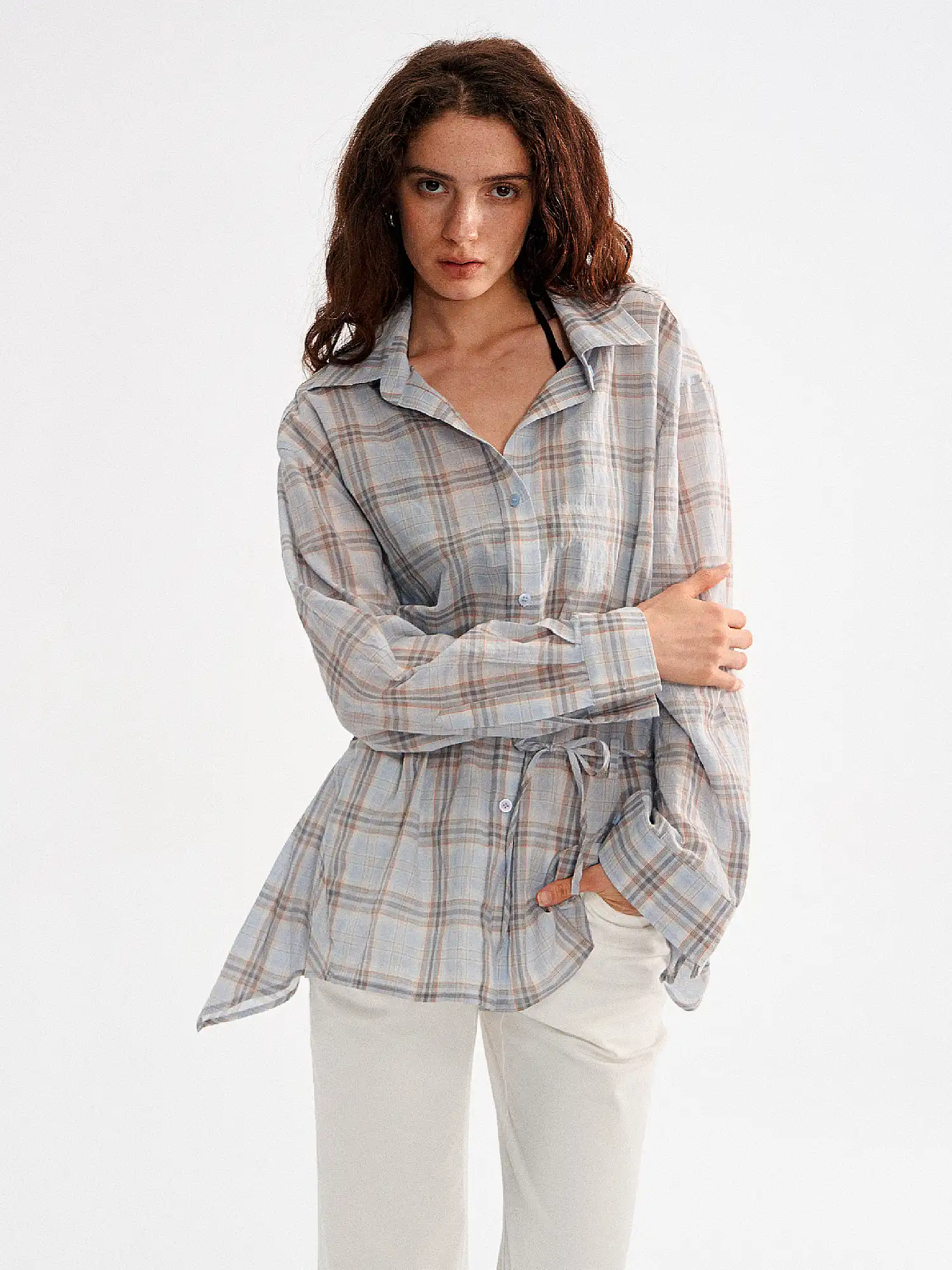 Plaid Tie Waist Long sleeves Shirt - Image 7