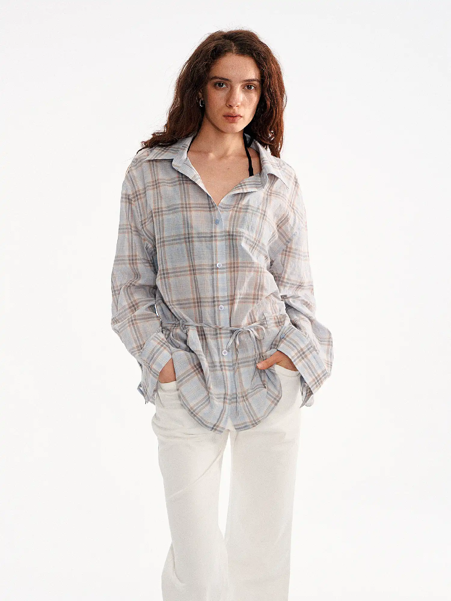 Plaid Tie Waist Long sleeves Shirt - Image 9
