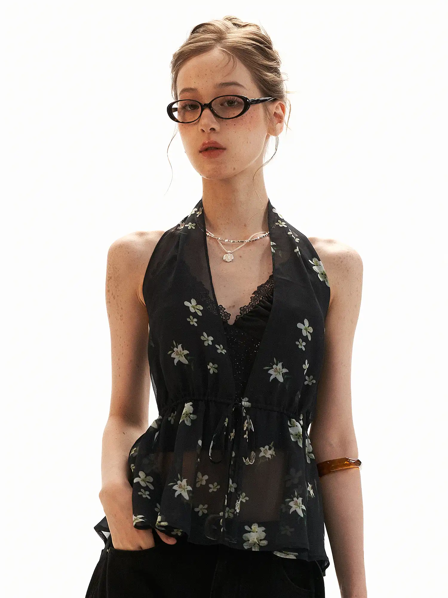 Plunging V-Neck Chiffon Halter Top