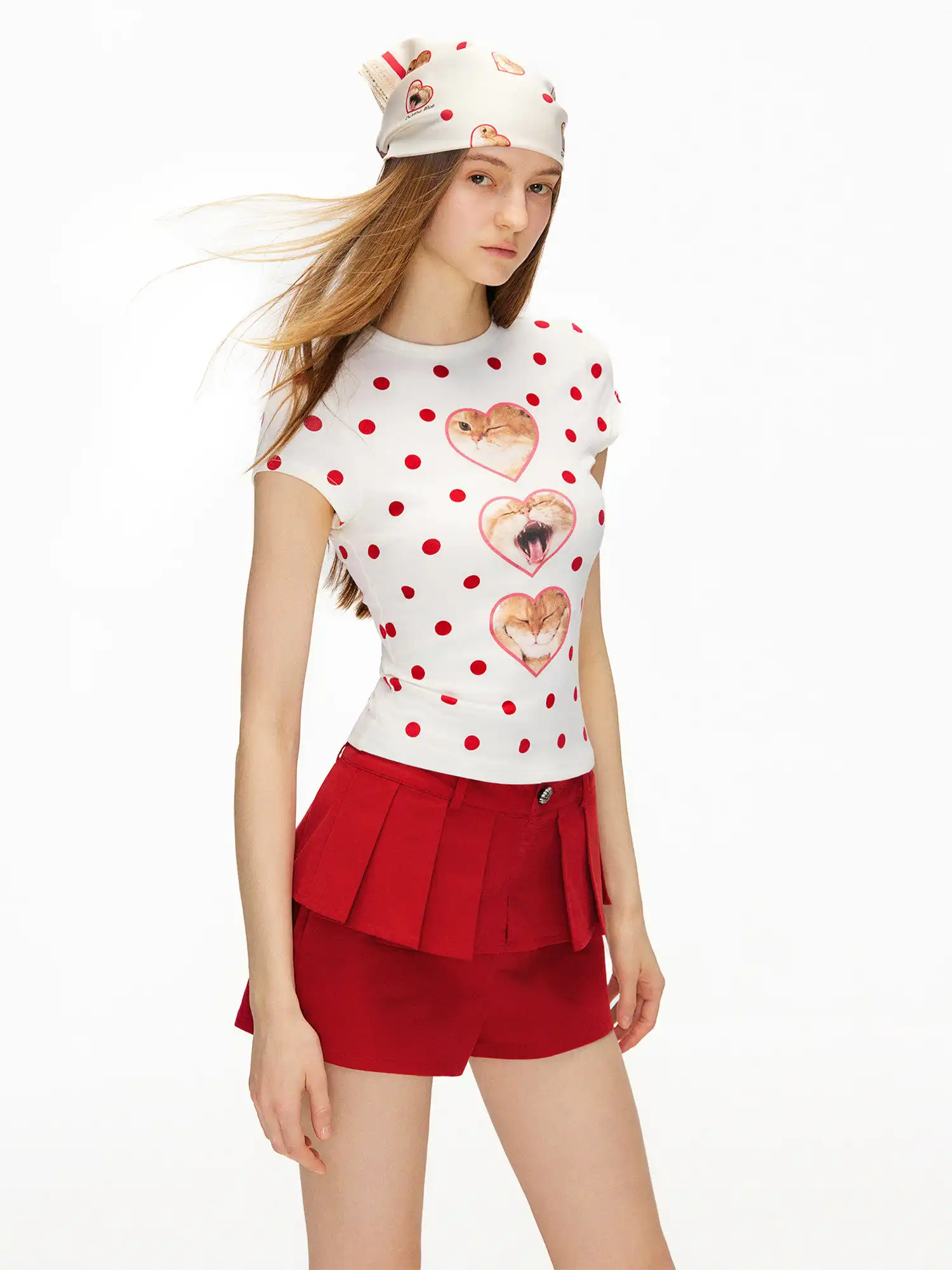 Polka Dot Cat Heart Crew Neck Tee - Image 2