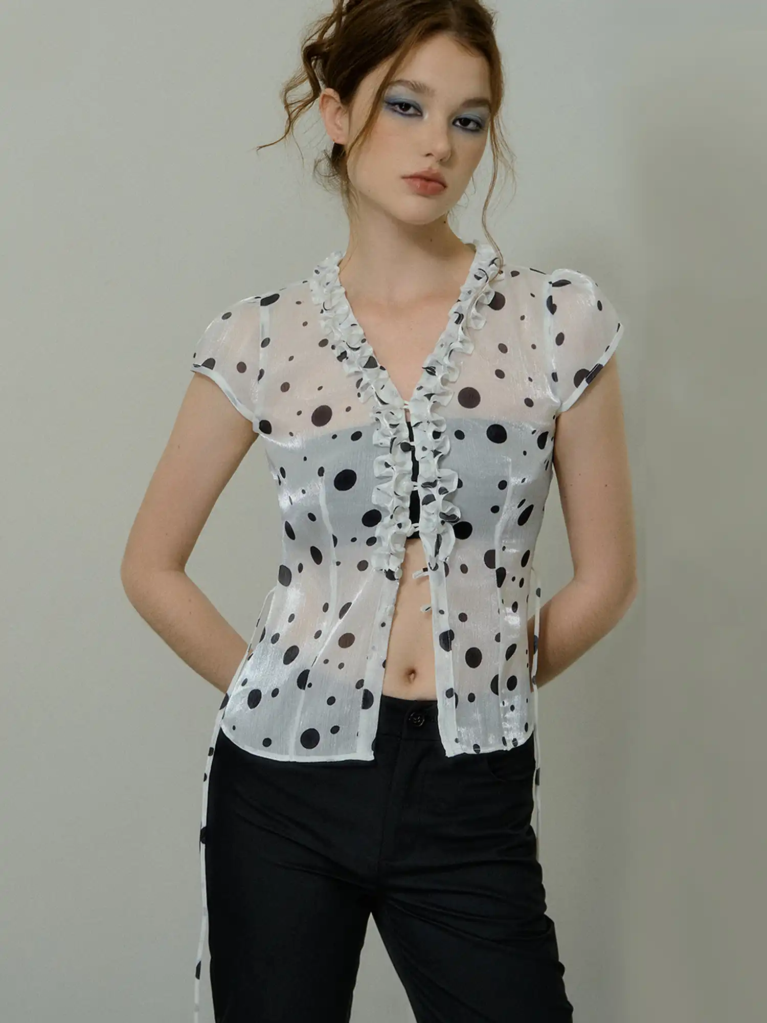 Polka Dot Semi-Sheer Chiffon Blouse - Image 2