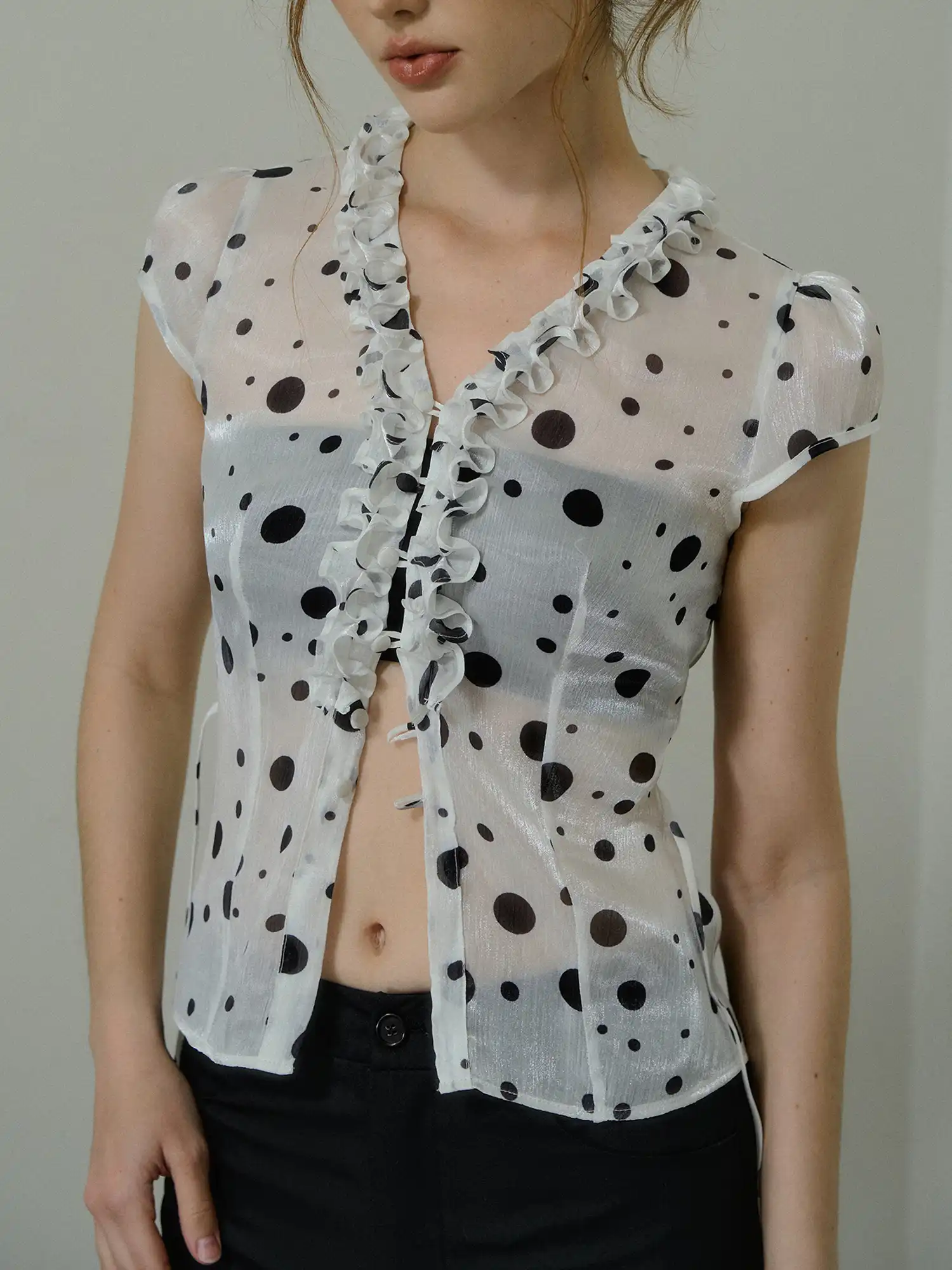 Polka Dot Semi-Sheer Chiffon Blouse - Image 3