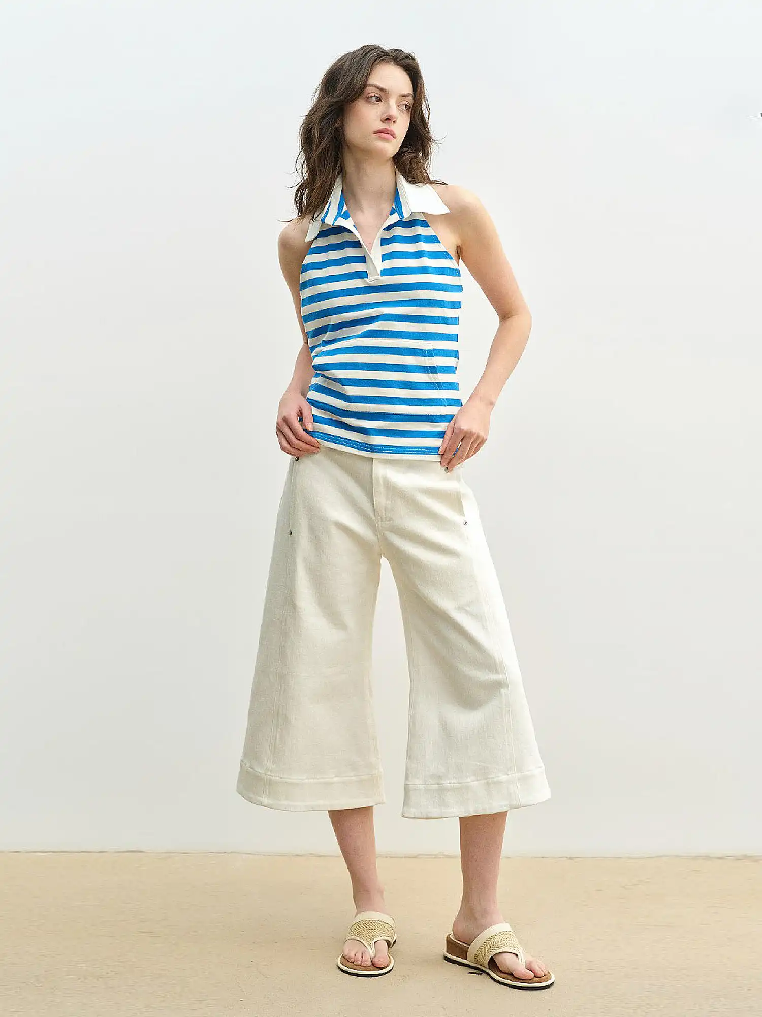 Polo Collar Striped Halter Open Back Top - Image 4