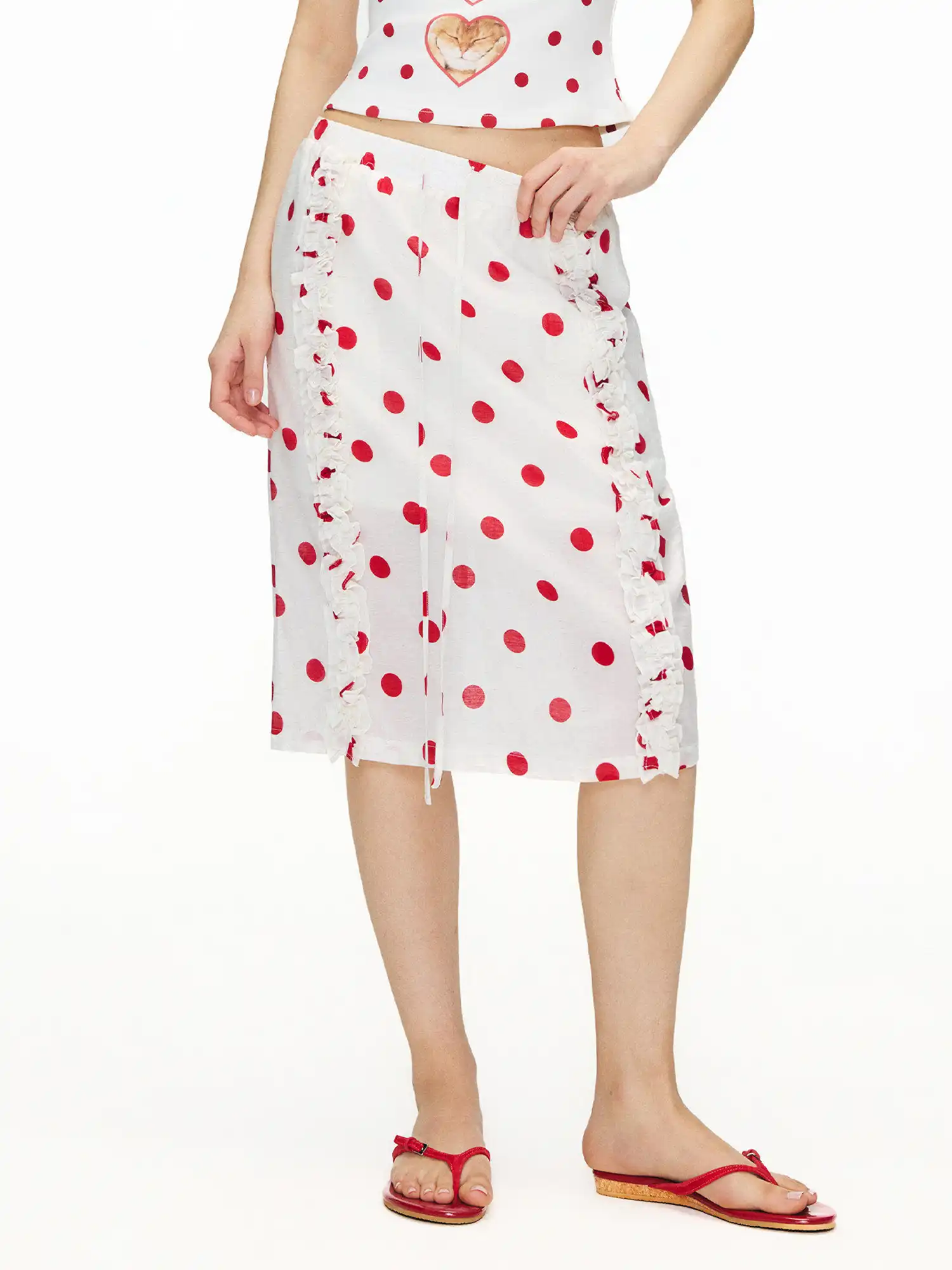 Red Polka Dot Ruffle Midi Skirt - Image 2