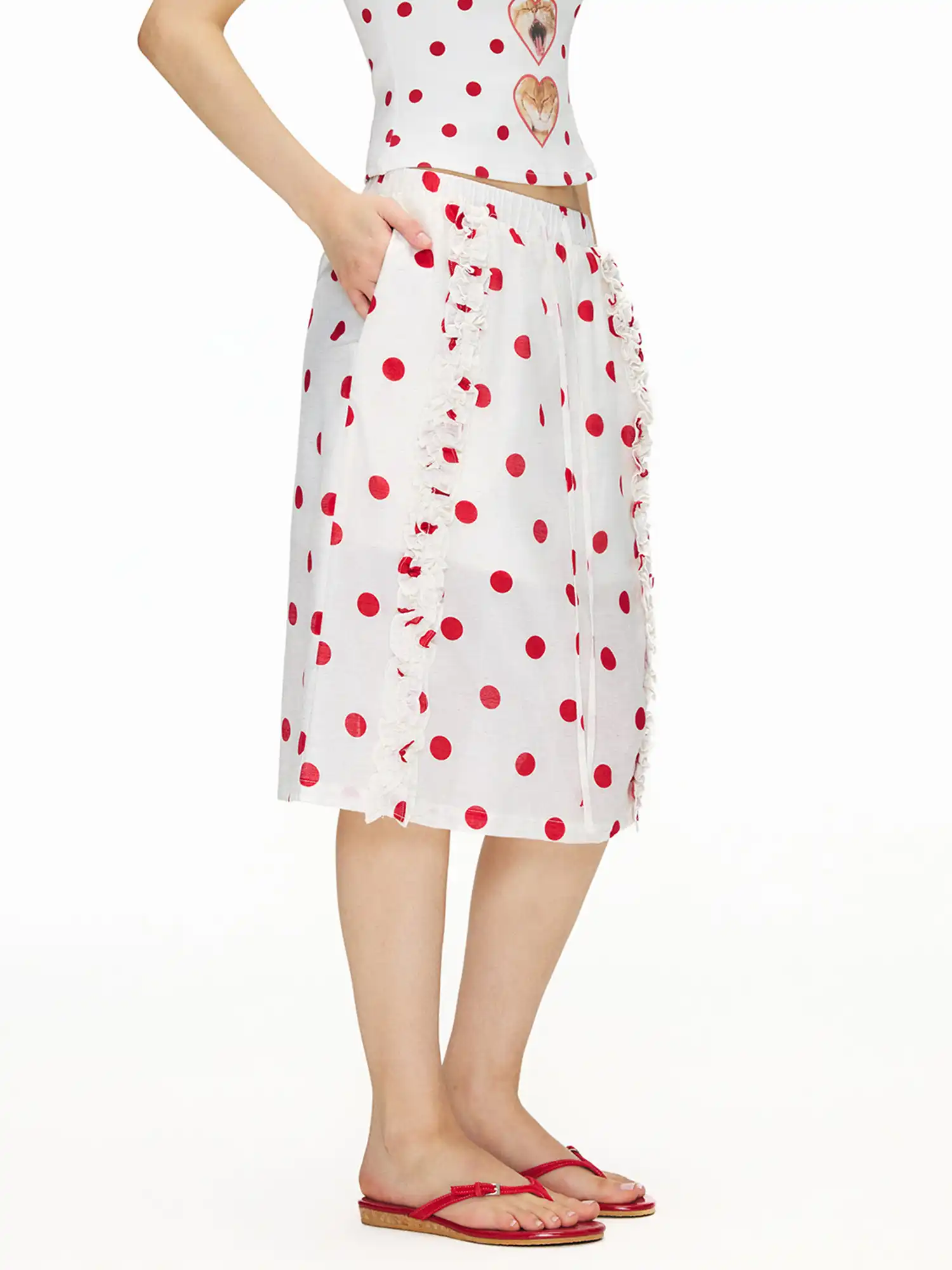 Red Polka Dot Ruffle Midi Skirt - Image 3