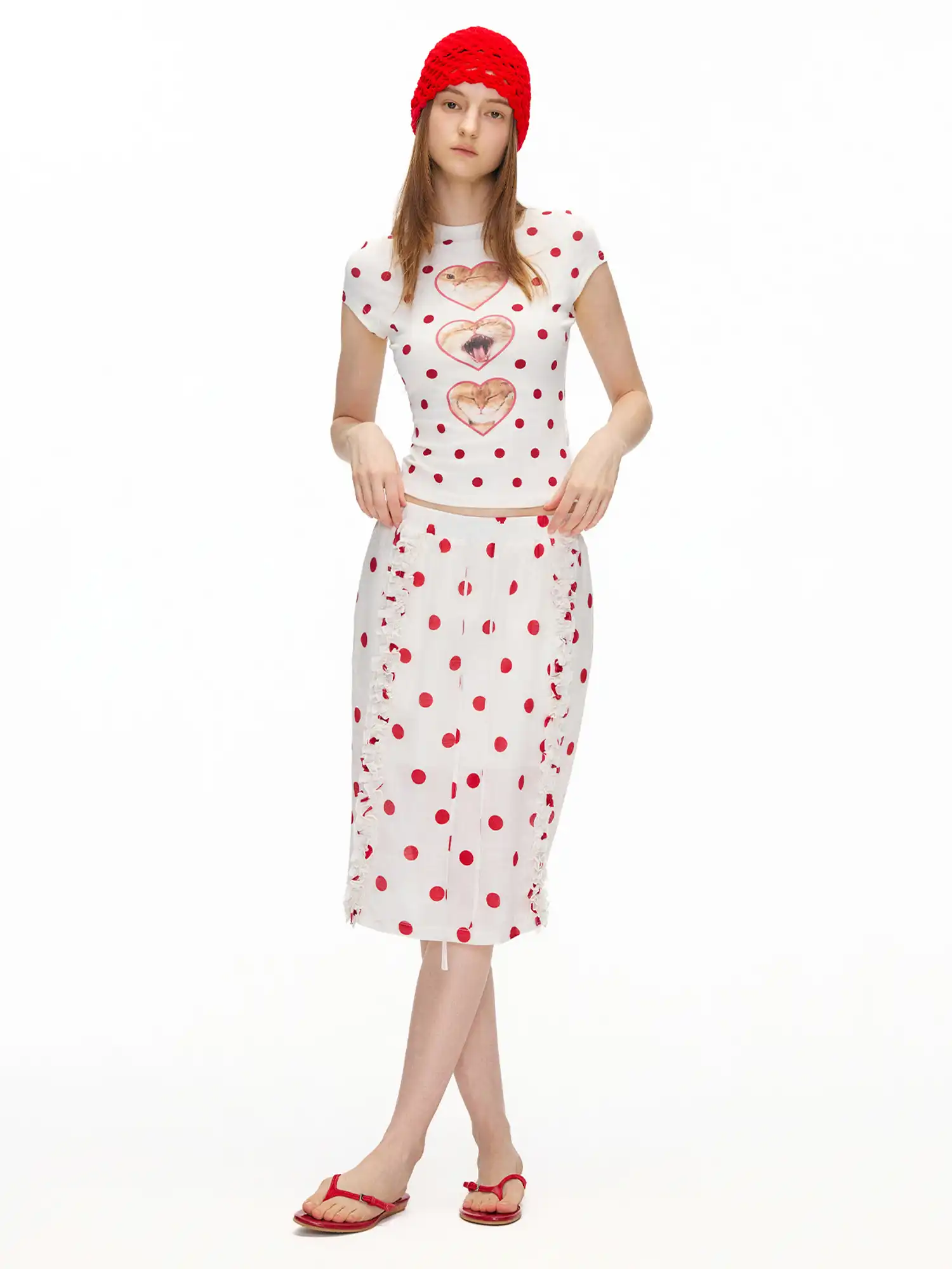 Red Polka Dot Ruffle Midi Skirt - Image 4