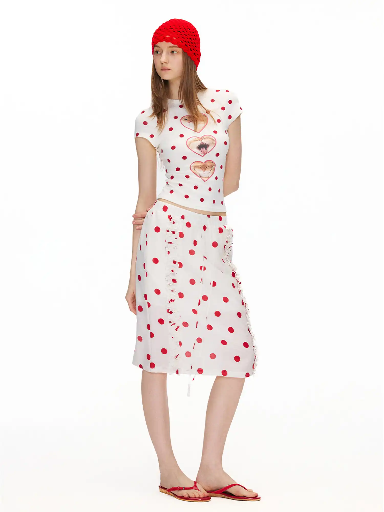 Red Polka Dot Ruffle Midi Skirt - Image 5