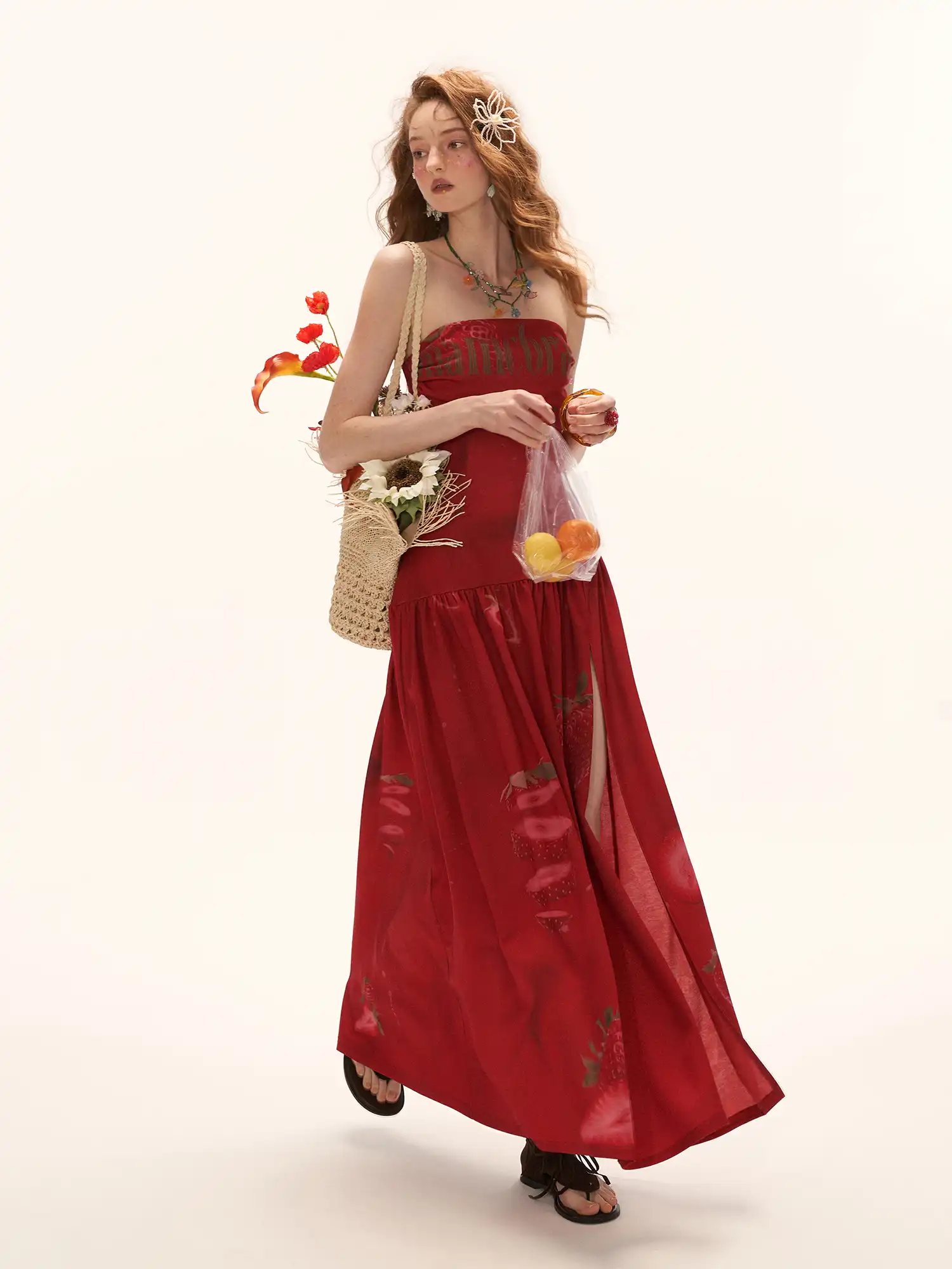 Red Strawberry High Slit Bandeau Maxi Dress - Image 4