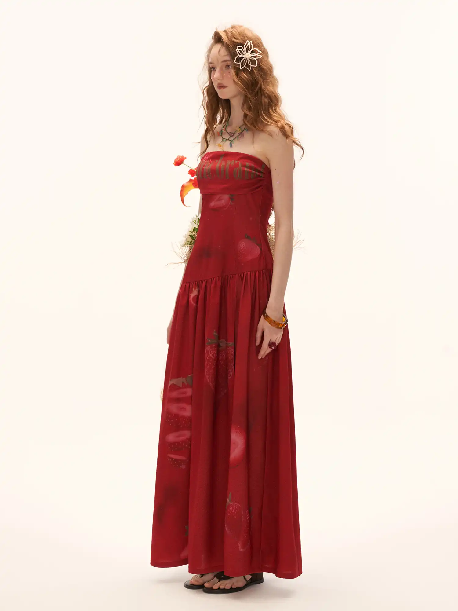 Red Strawberry High Slit Bandeau Maxi Dress - Image 5