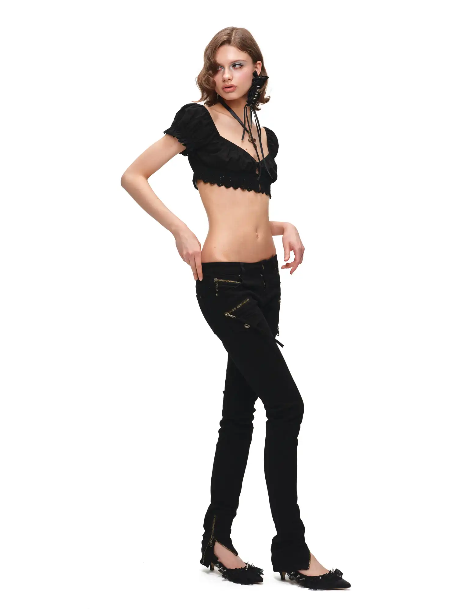 Rose Jacquard Shirred Bardot Crop Top - Image 13