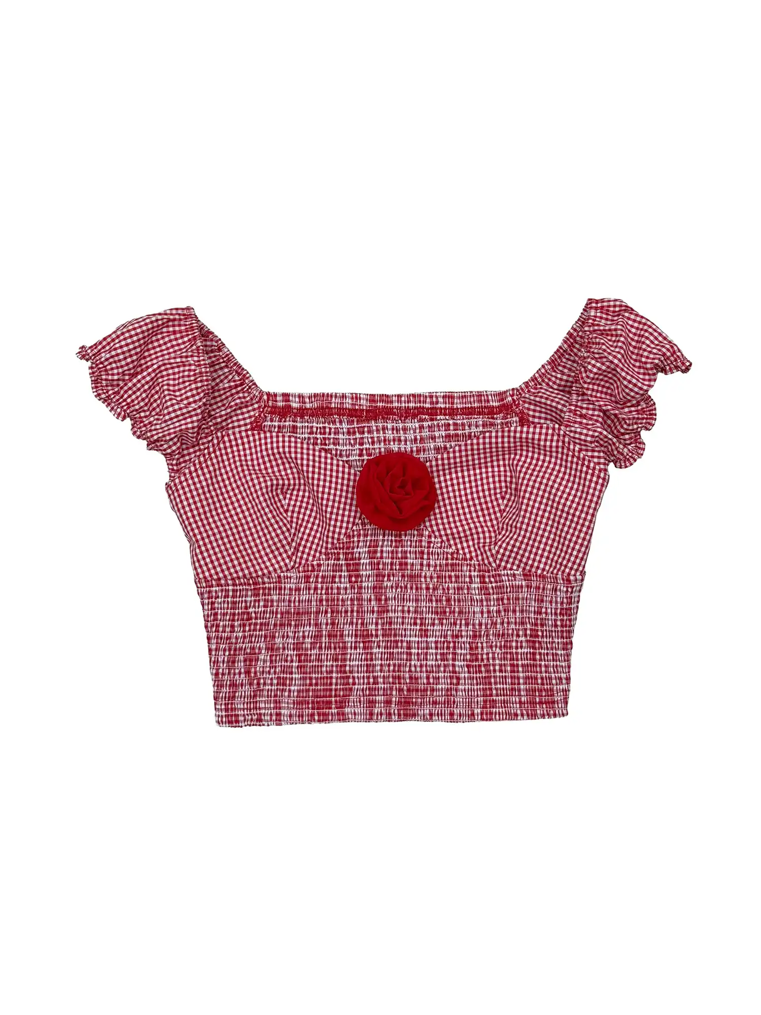 Rosette Smocked Red Gingham Crop Top - Image 2