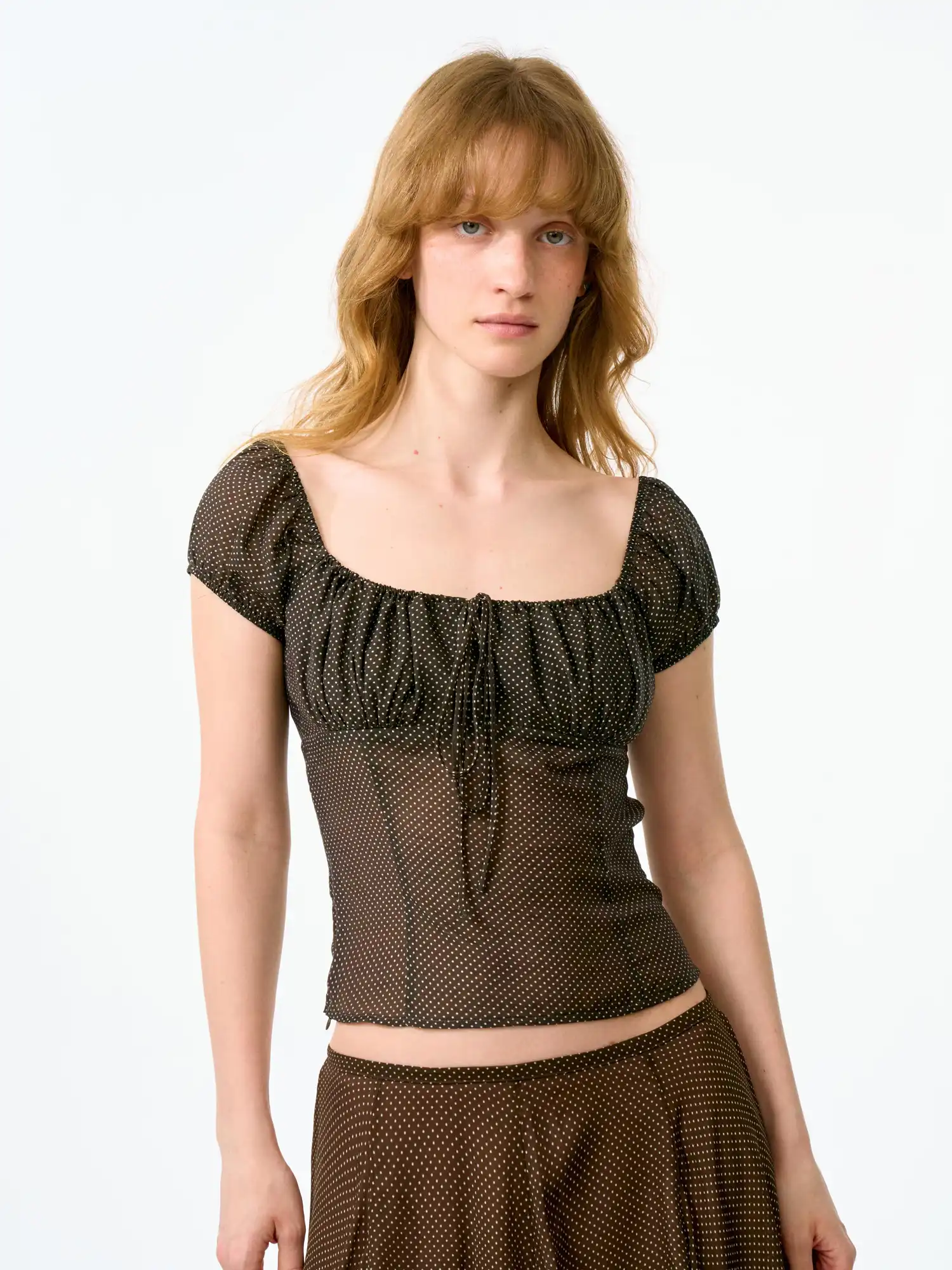 Ruched Bustier-Style Polka Dot Cropped Blouse