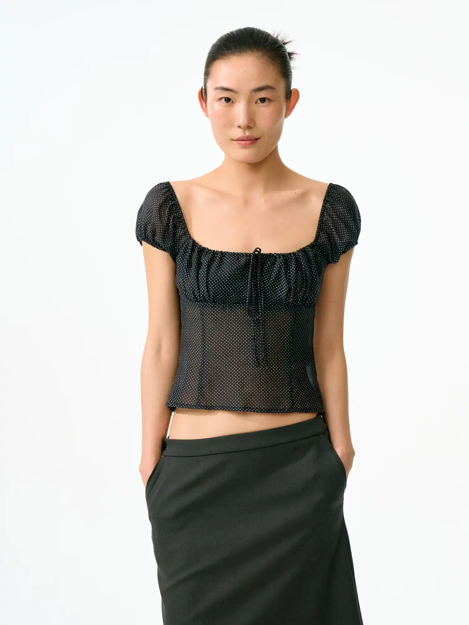 Ruched Bustier-Style Polka Dot Cropped Blouse - Image 10