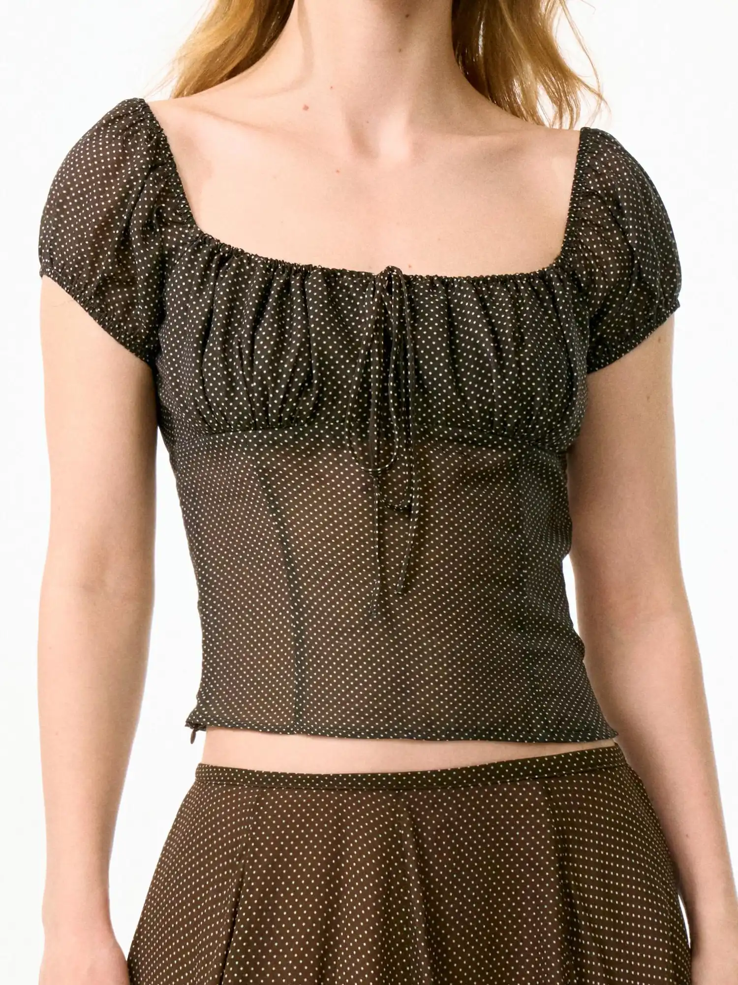 Ruched Bustier-Style Polka Dot Cropped Blouse - Image 2