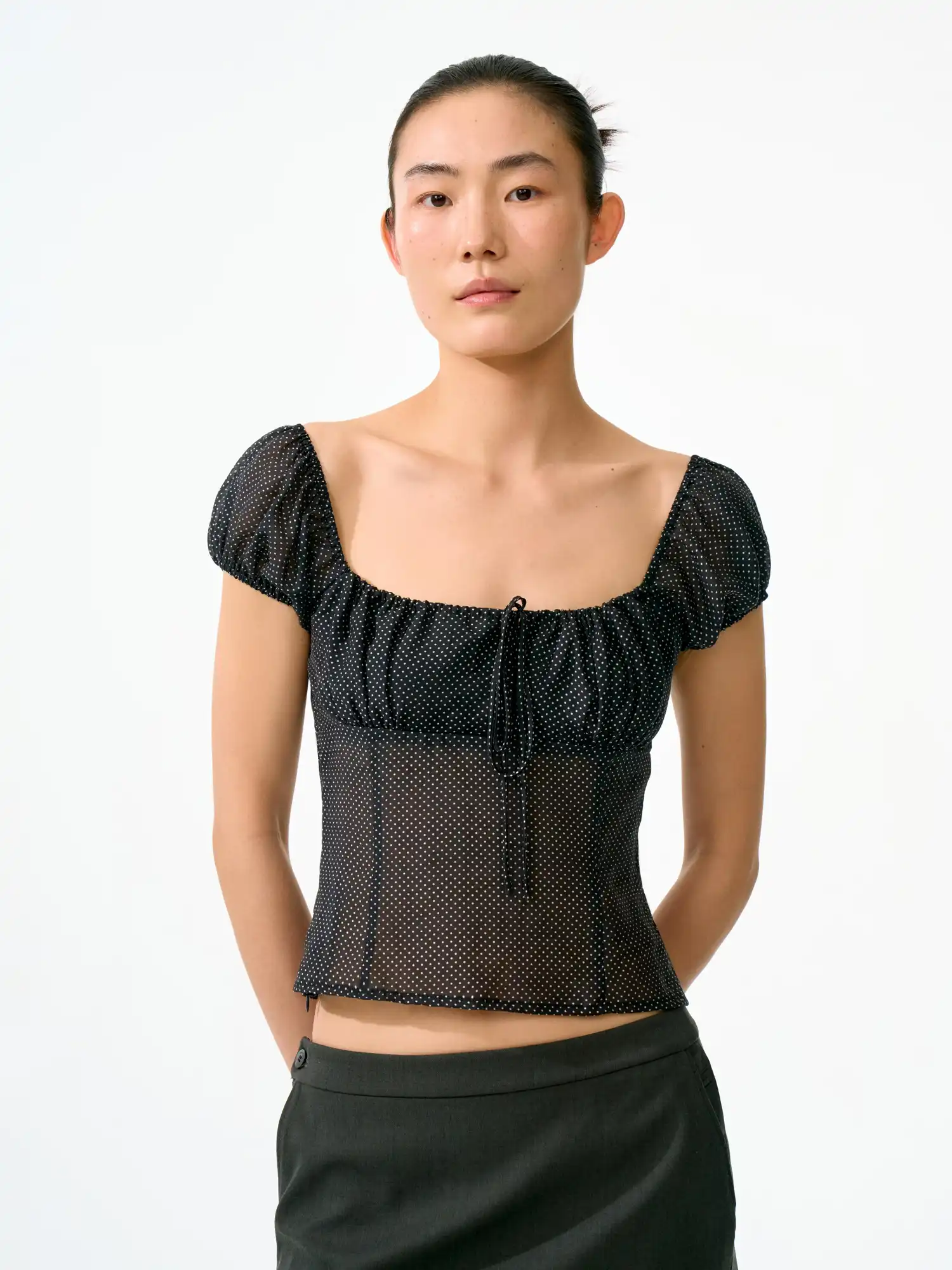 Ruched Bustier-Style Polka Dot Cropped Blouse - Image 7